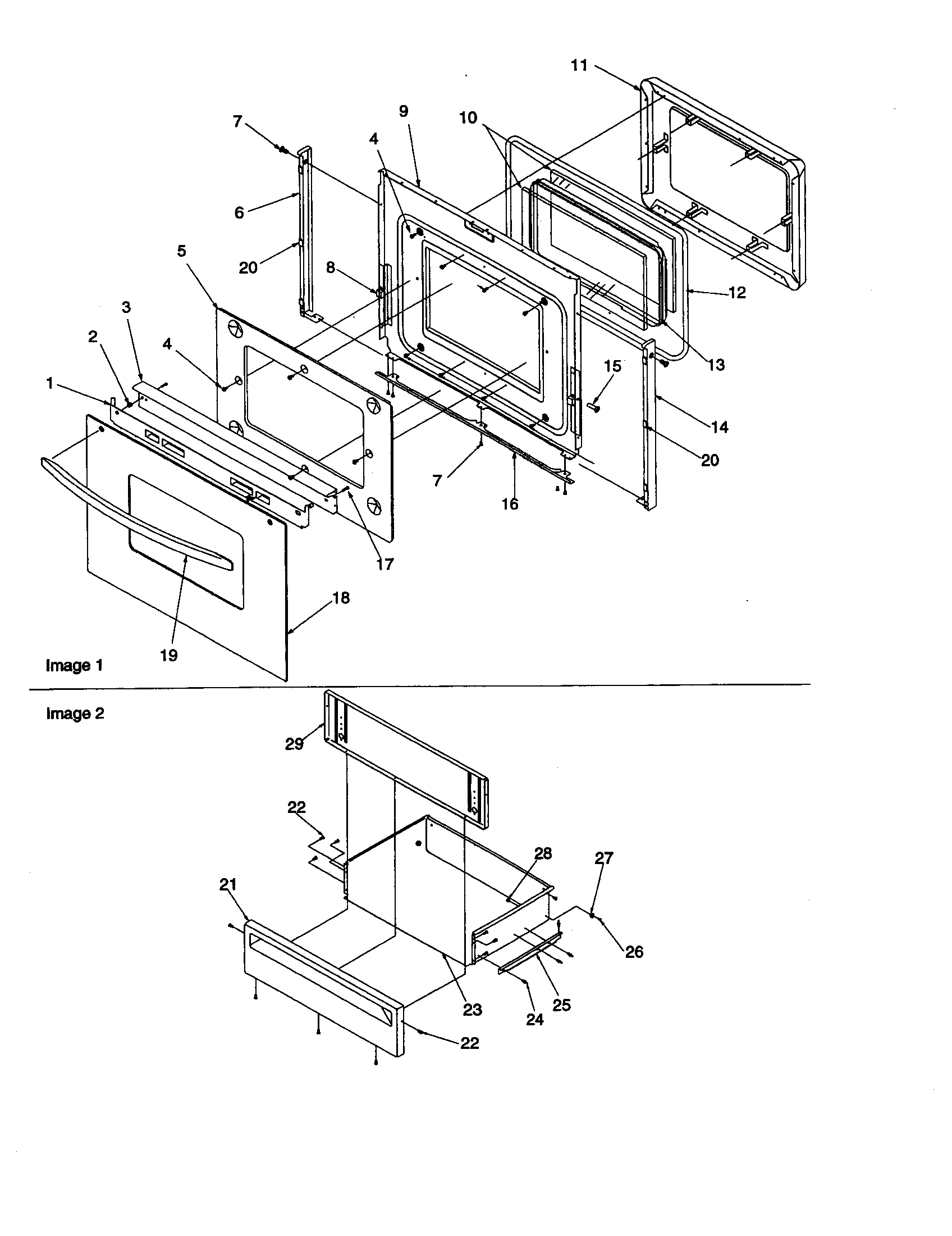 Oven door and storage drawer