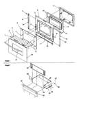 Oven door and storage drawer