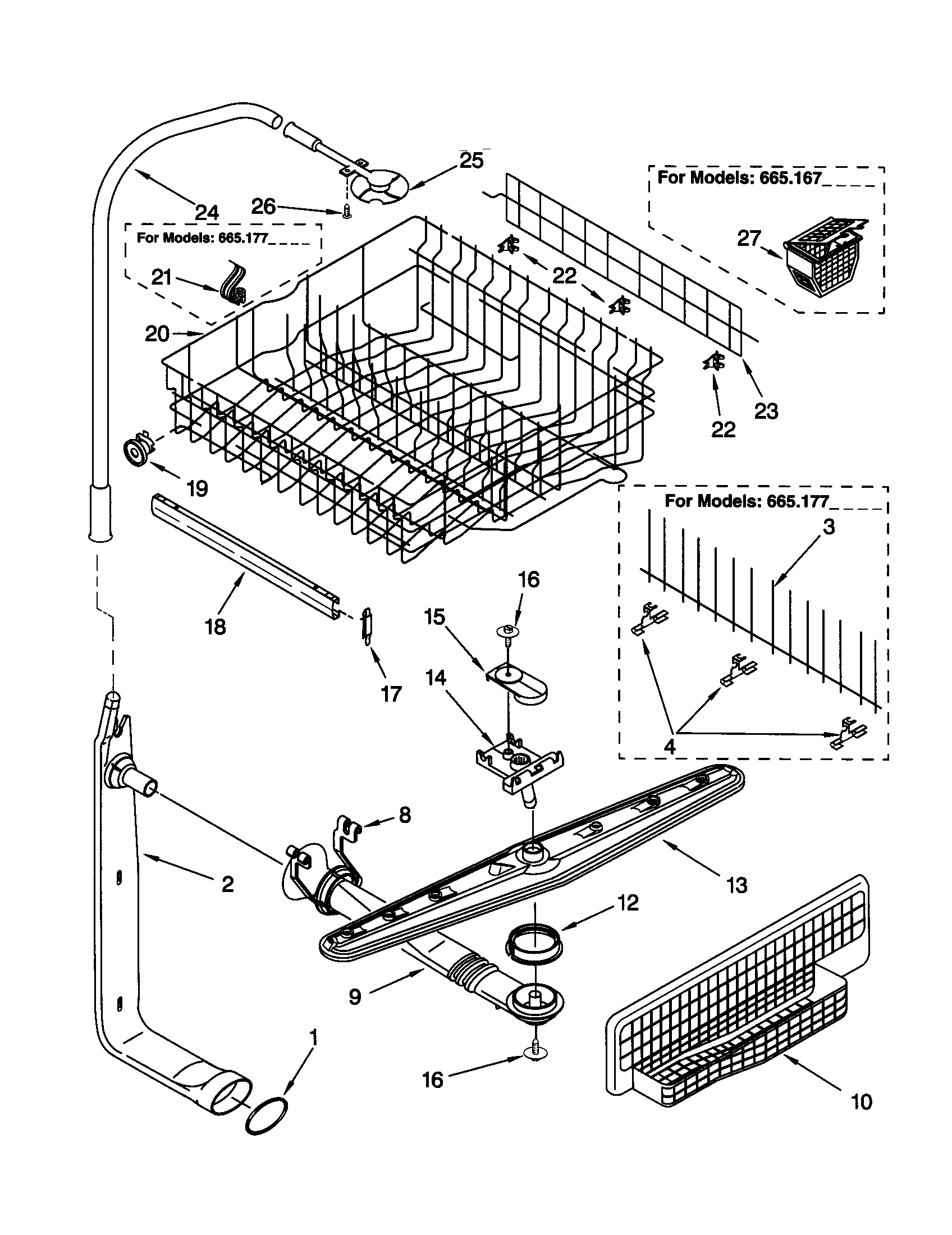 Upper dishrack and water feed