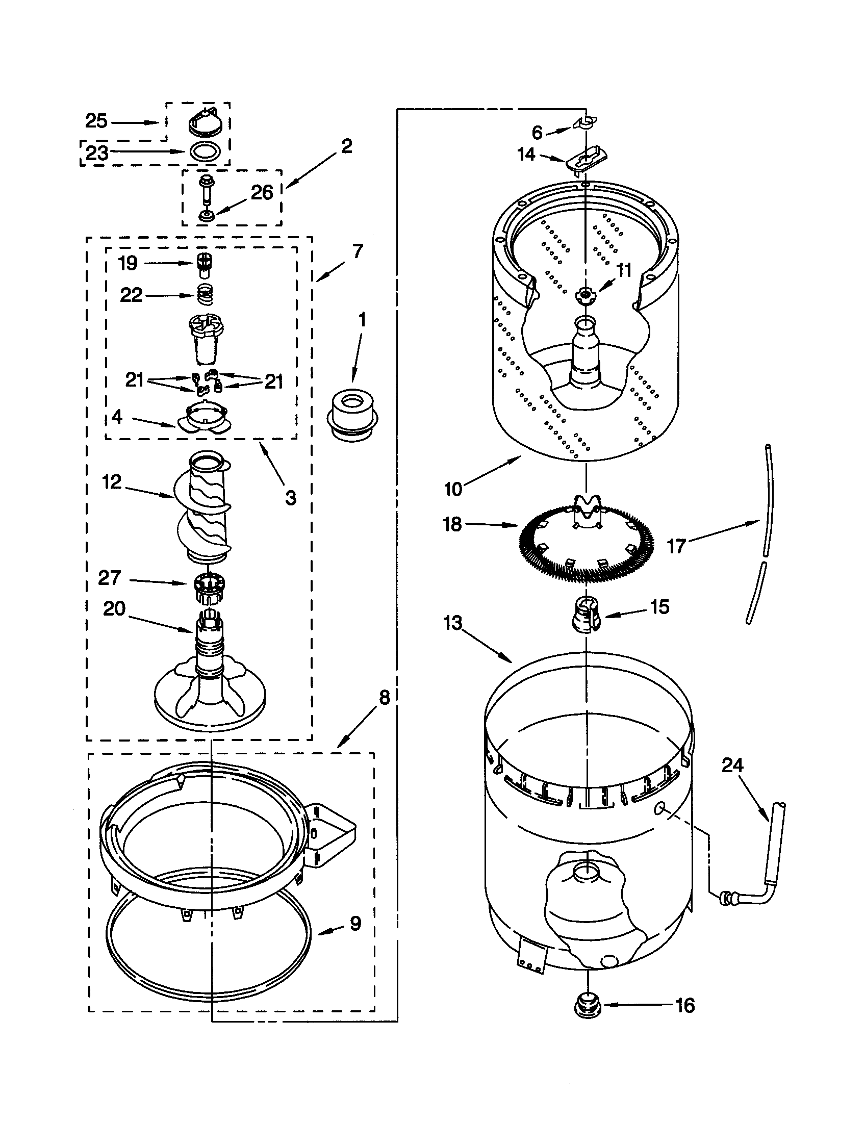 AGITATOR, BASKET AND TUB