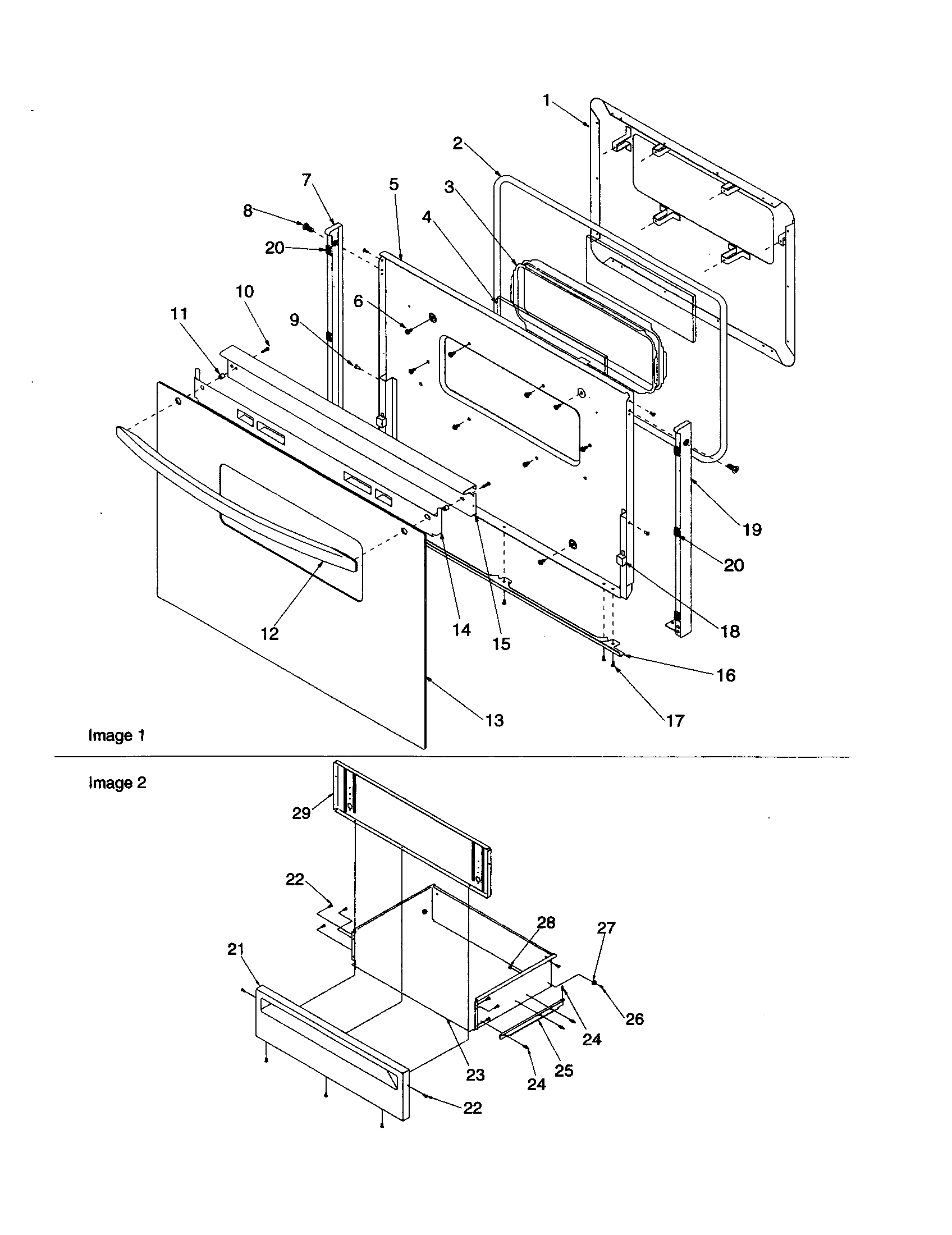 OVEN DOOR AND STORAGE DRAWER