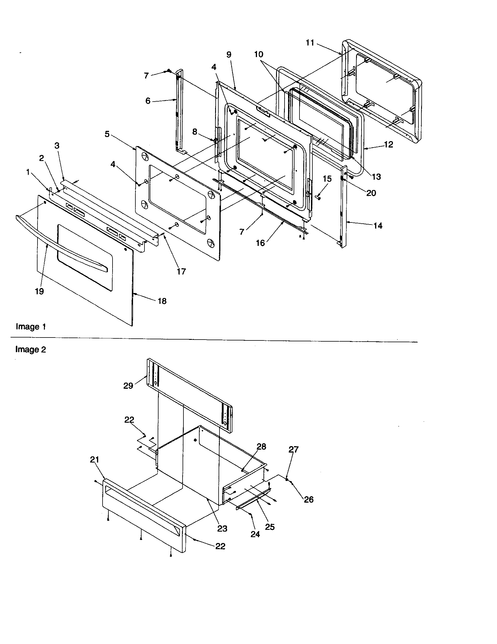OVEN DOOR AND STORAGE DRAWER
