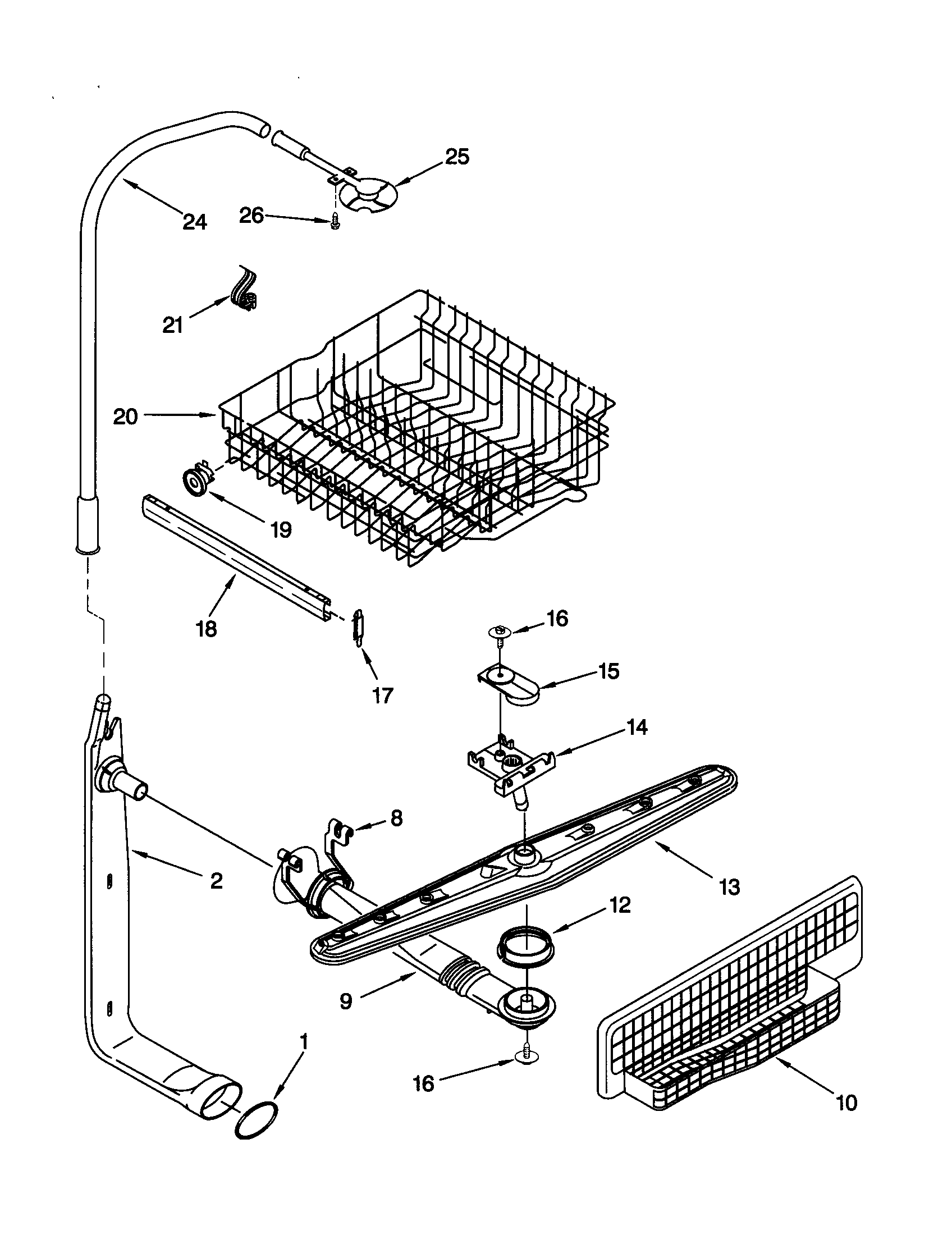 Upper dishrack and water feed