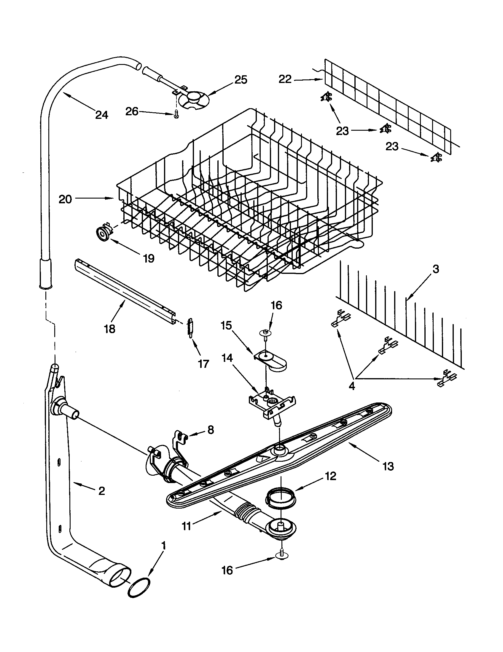 Upper dishrack and water feed