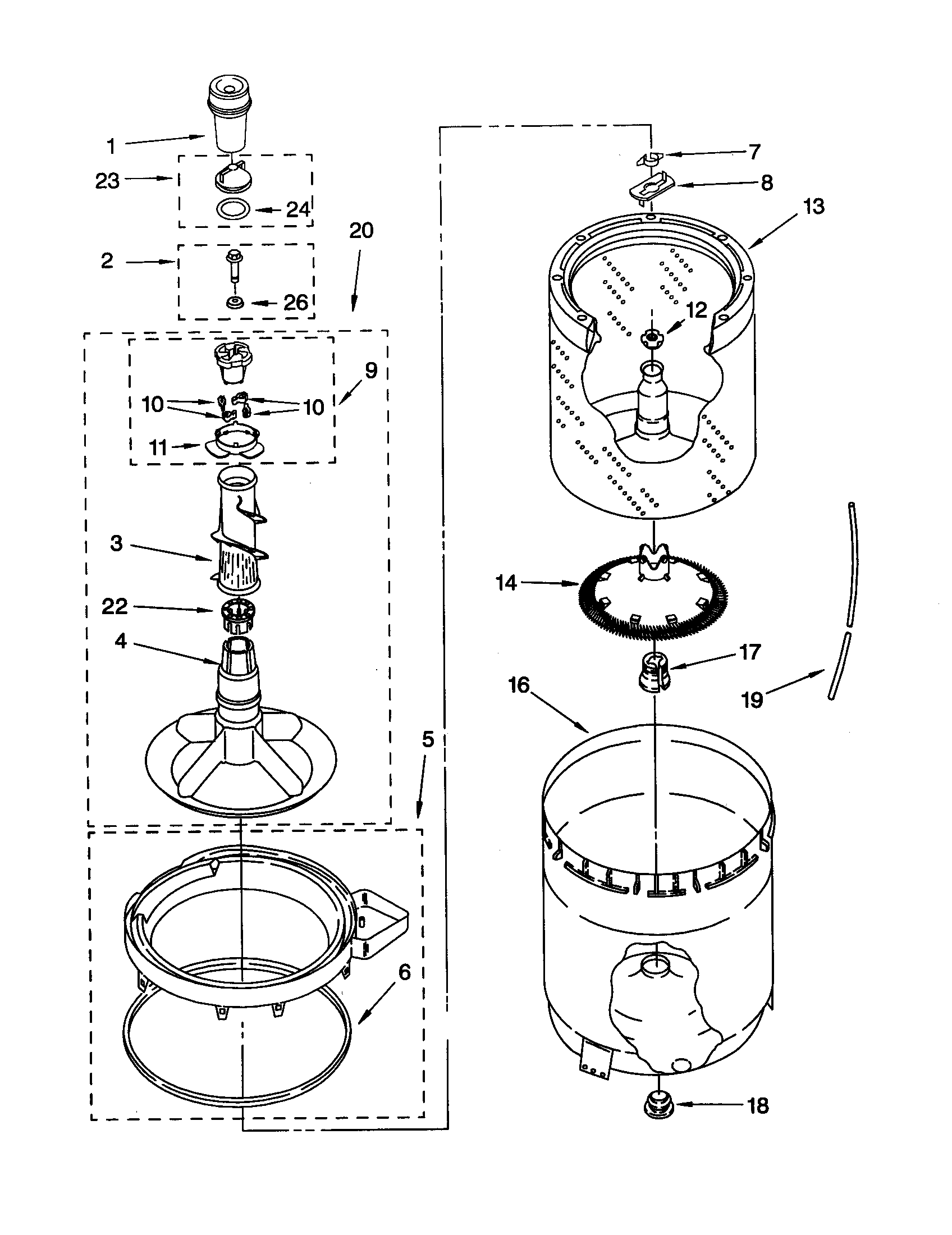 Agitator, basket and tub