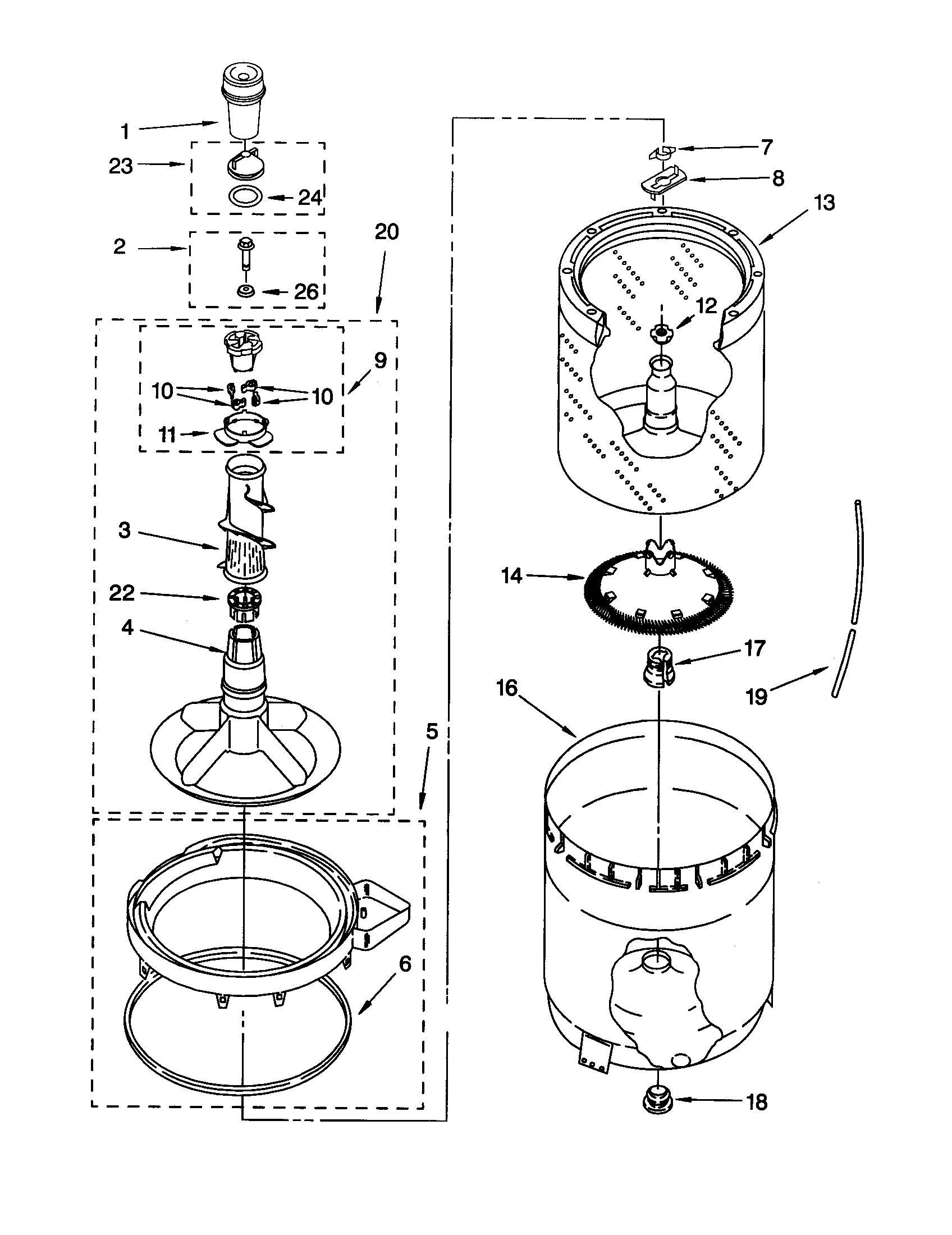 AGITATOR, BASKET AND TUB