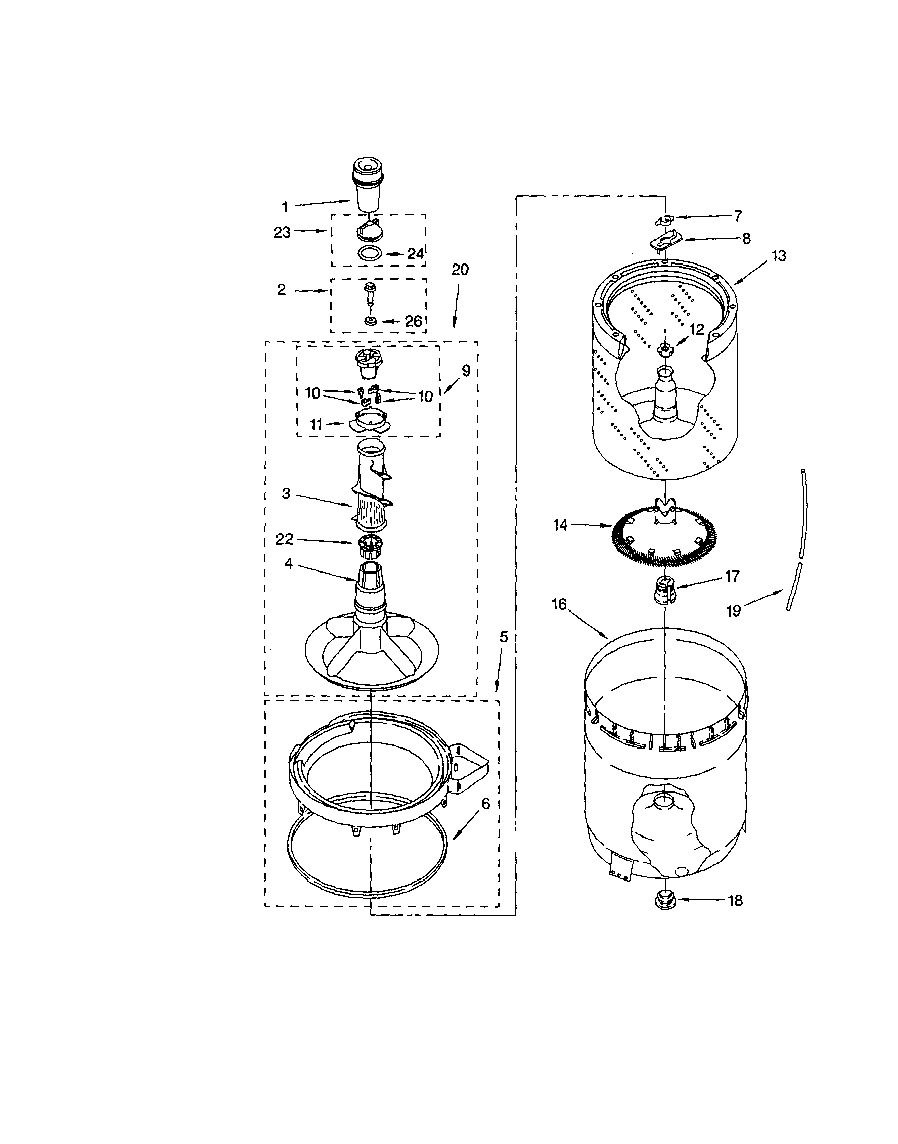 Agitator, basket and tub