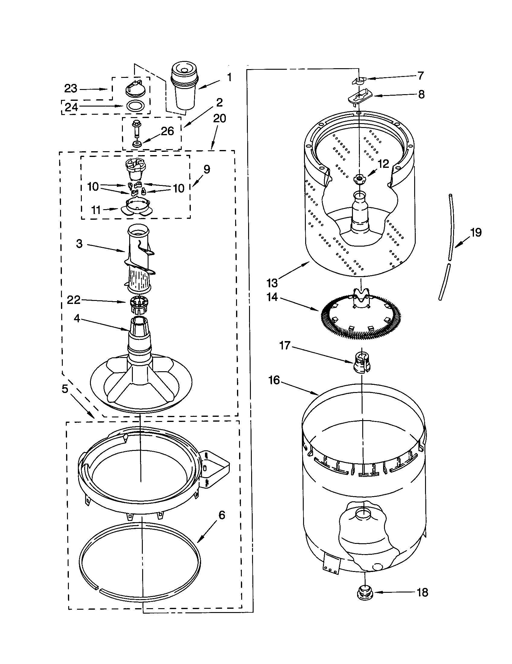 AGITATOR, BASKET AND TUB