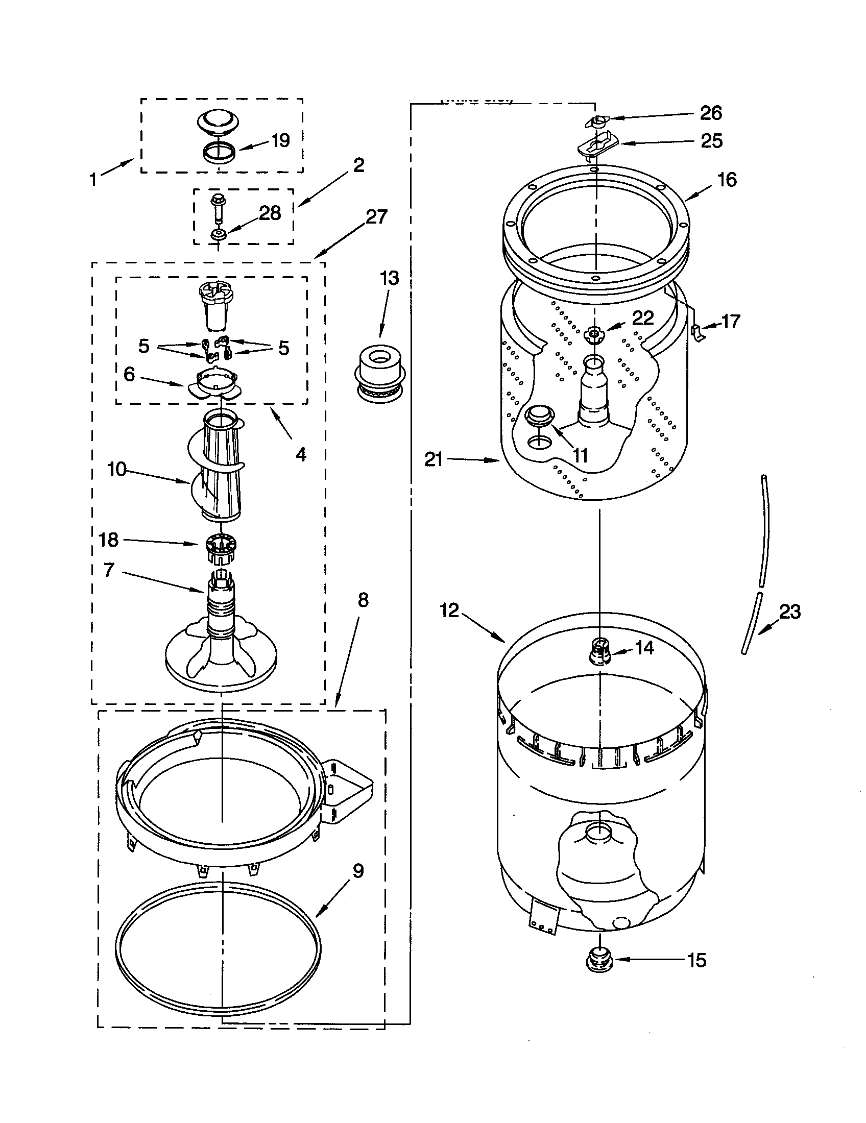 Agitator, basket and tub