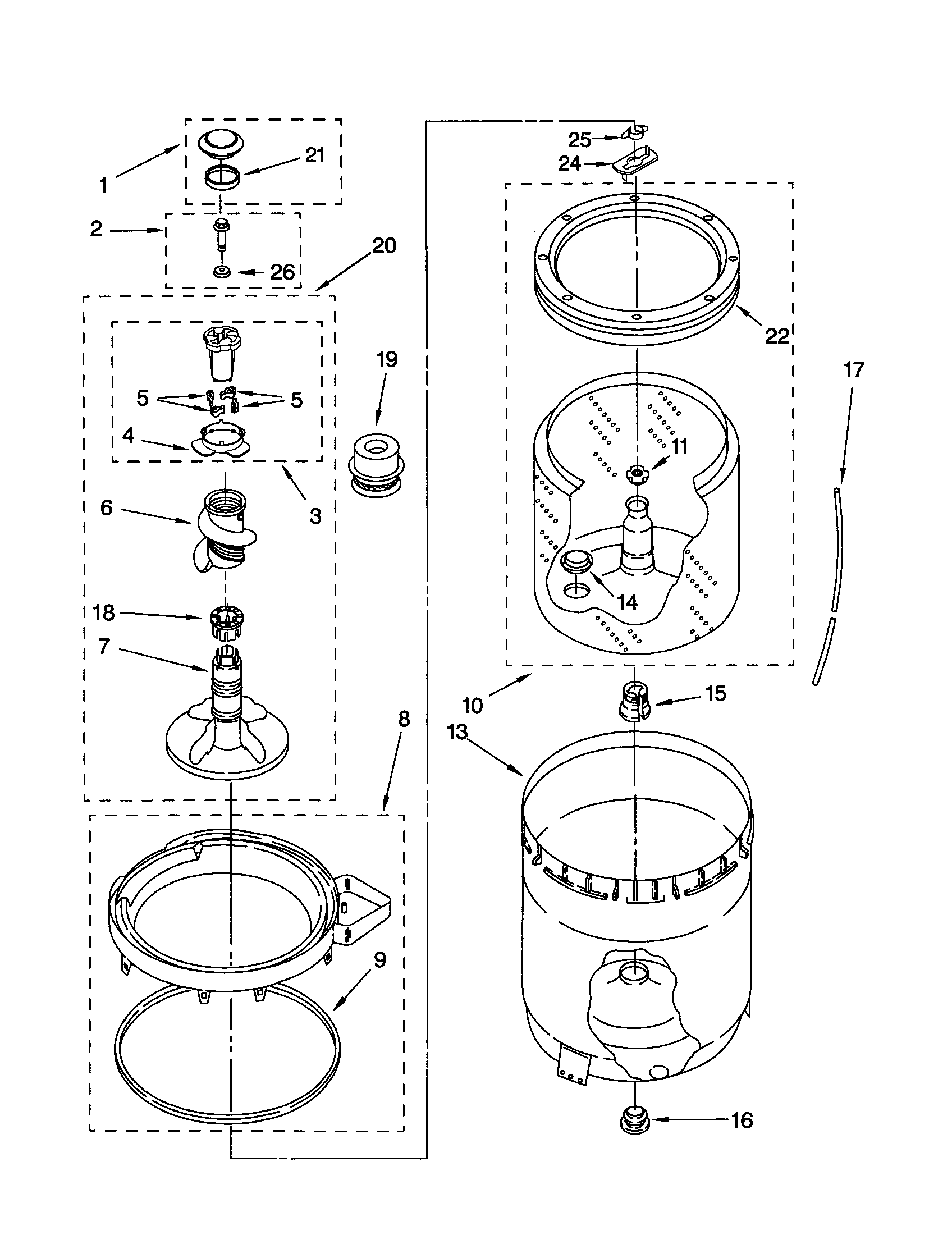Agitator,basket, and tub