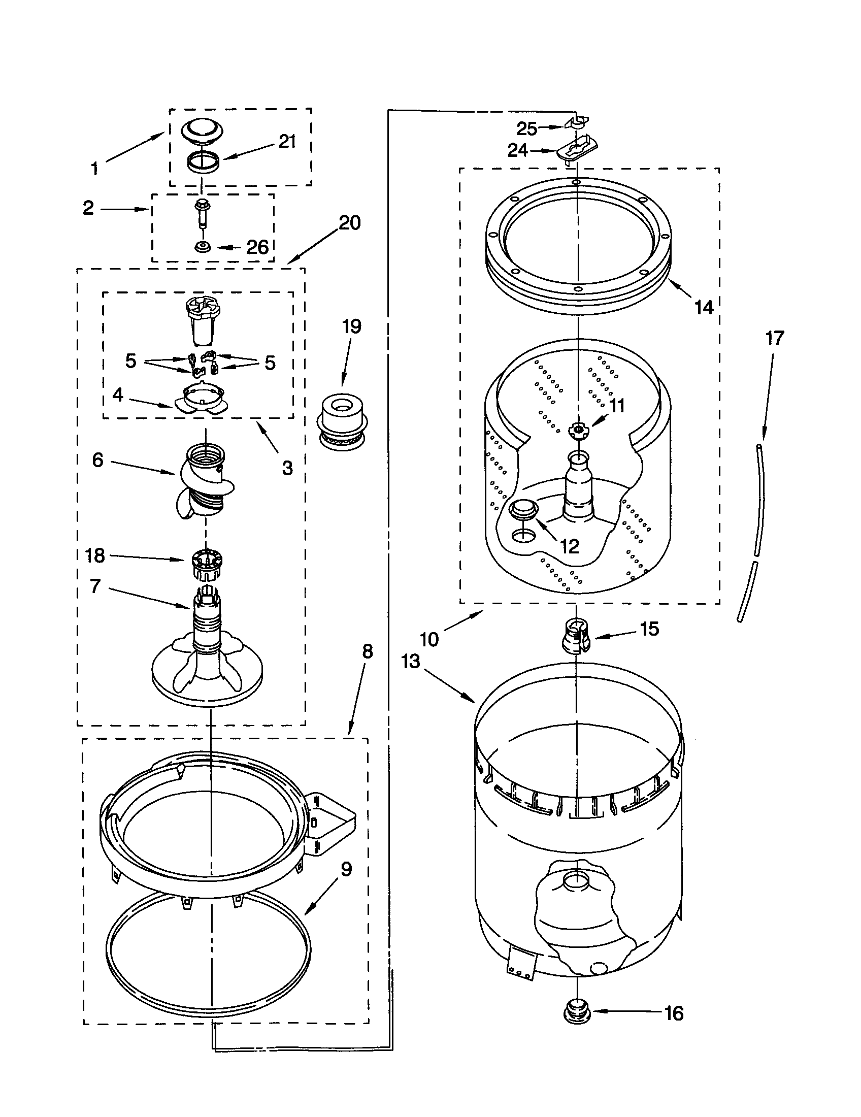 AGITATOR, BASKET AND TUB