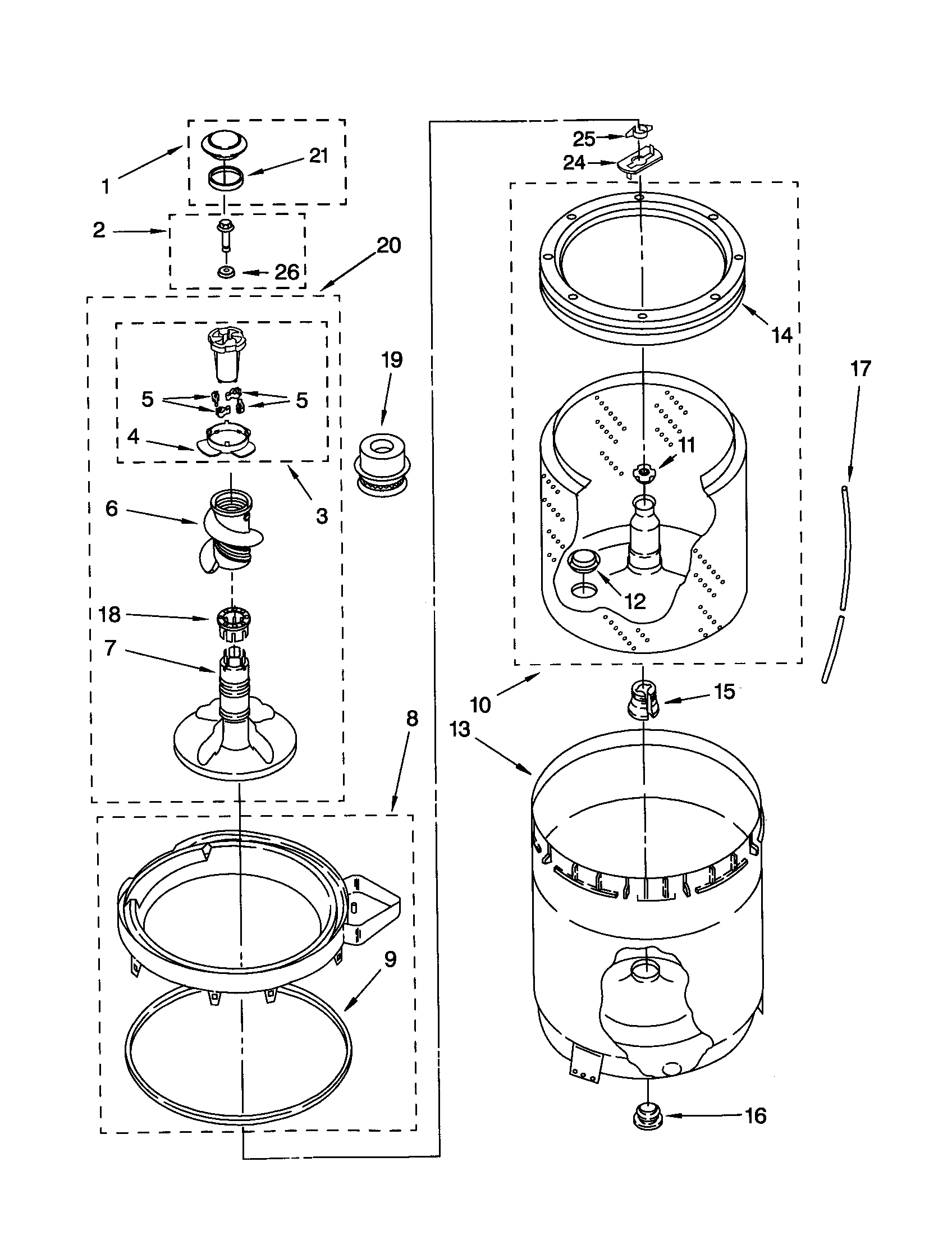 AGITATOR, BASKET AND TUB