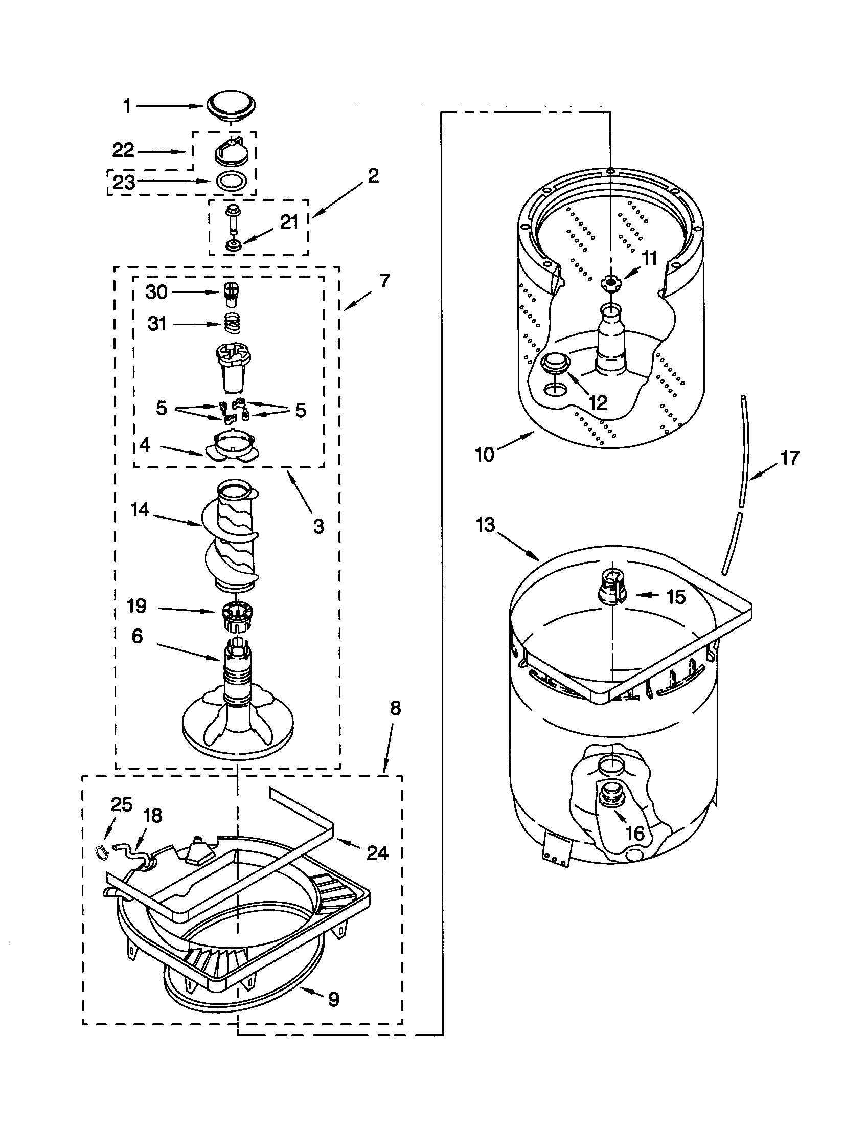 AGITATOR, BASKET AND TUB