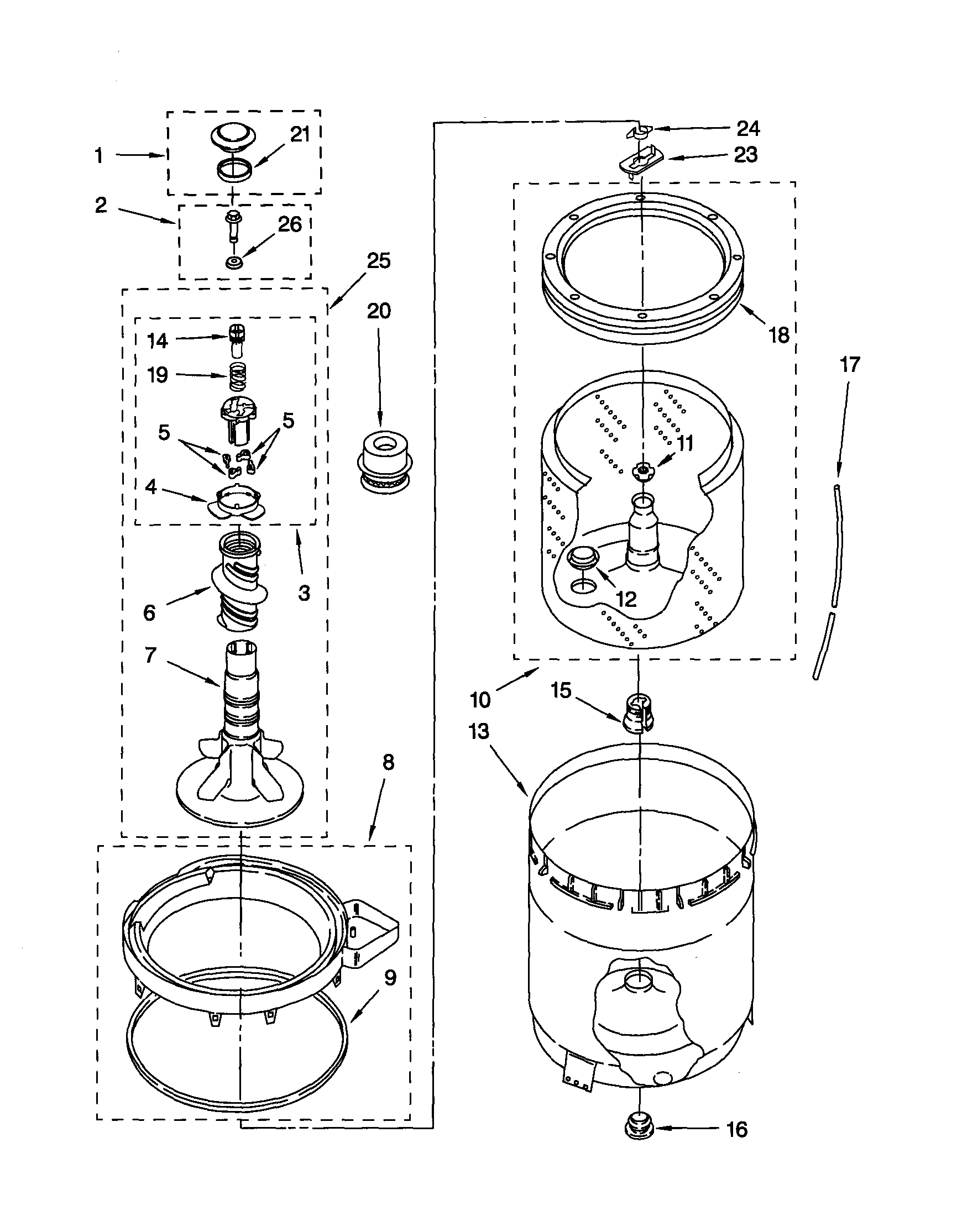 AGITATOR, BASKET AND TUB