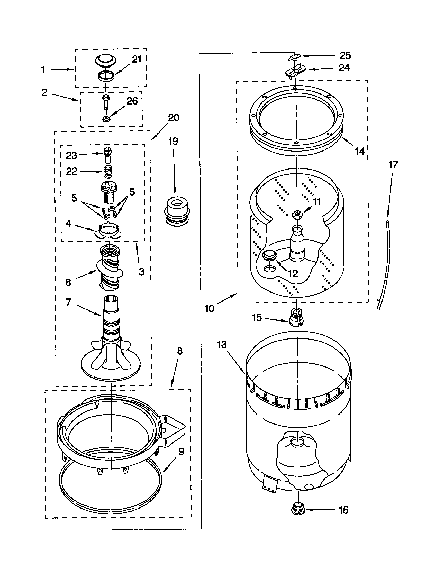 Agitator, basket and tub