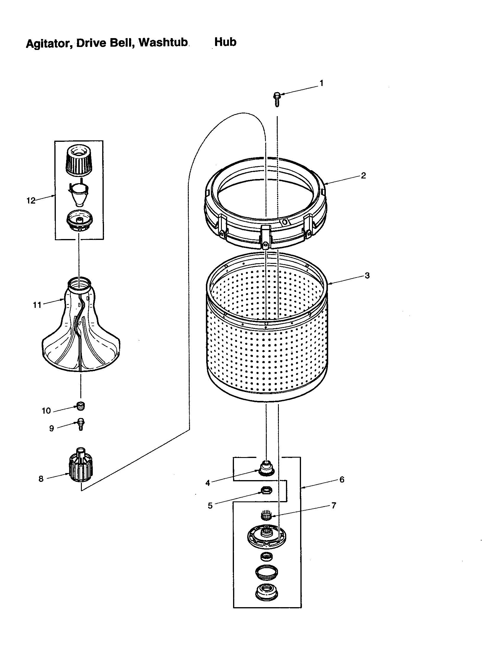 Agitator, drive bell, washtub/hub