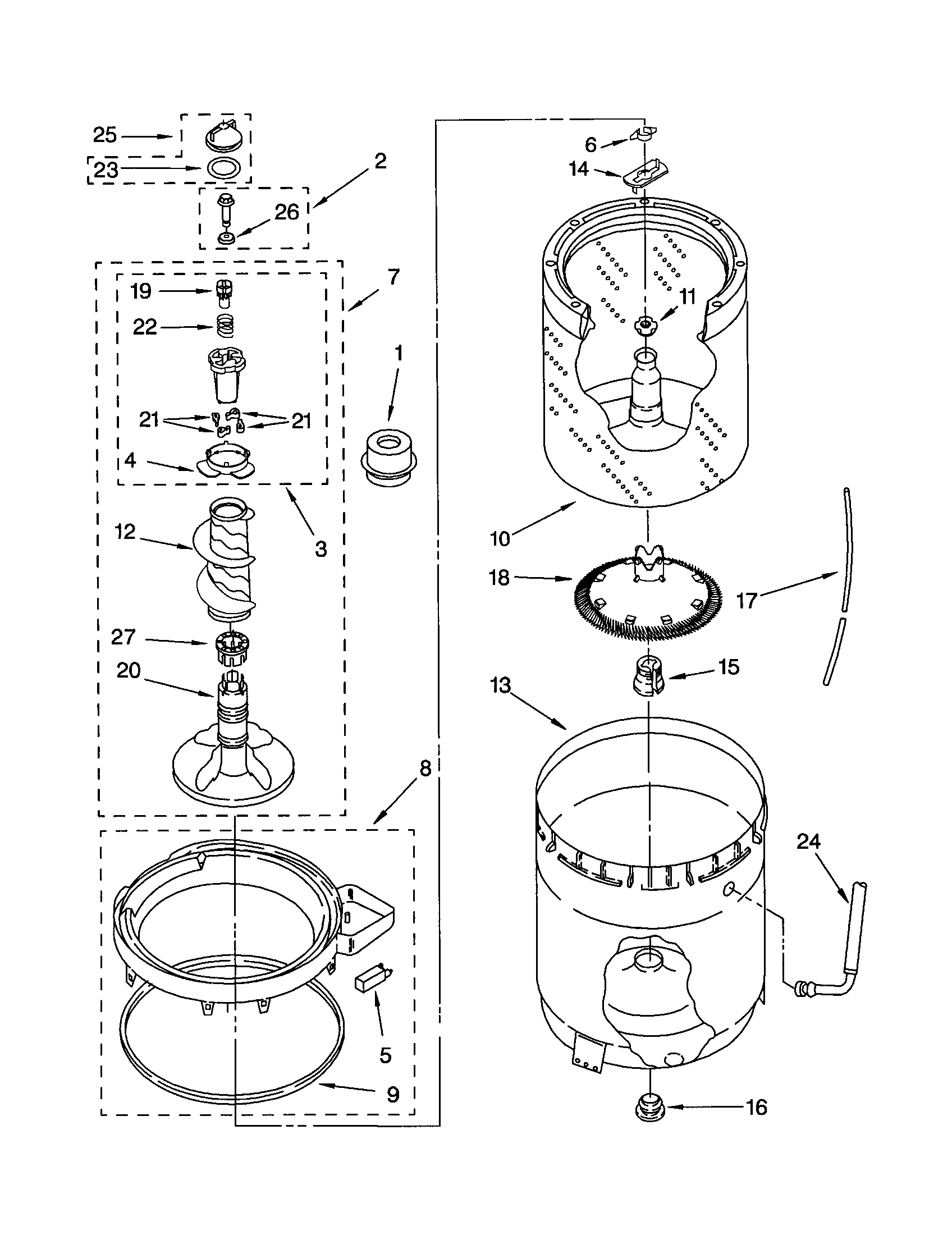 AGITATOR, BASKET AND TUB