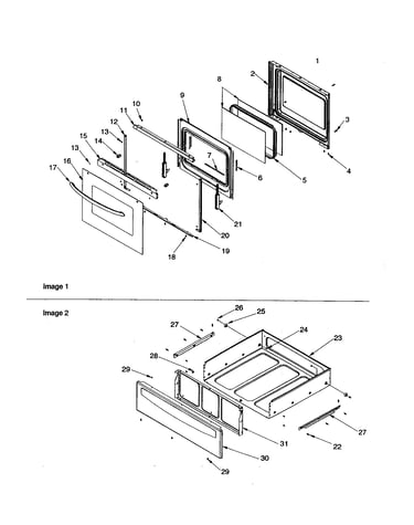 Oven door and storage drawer
