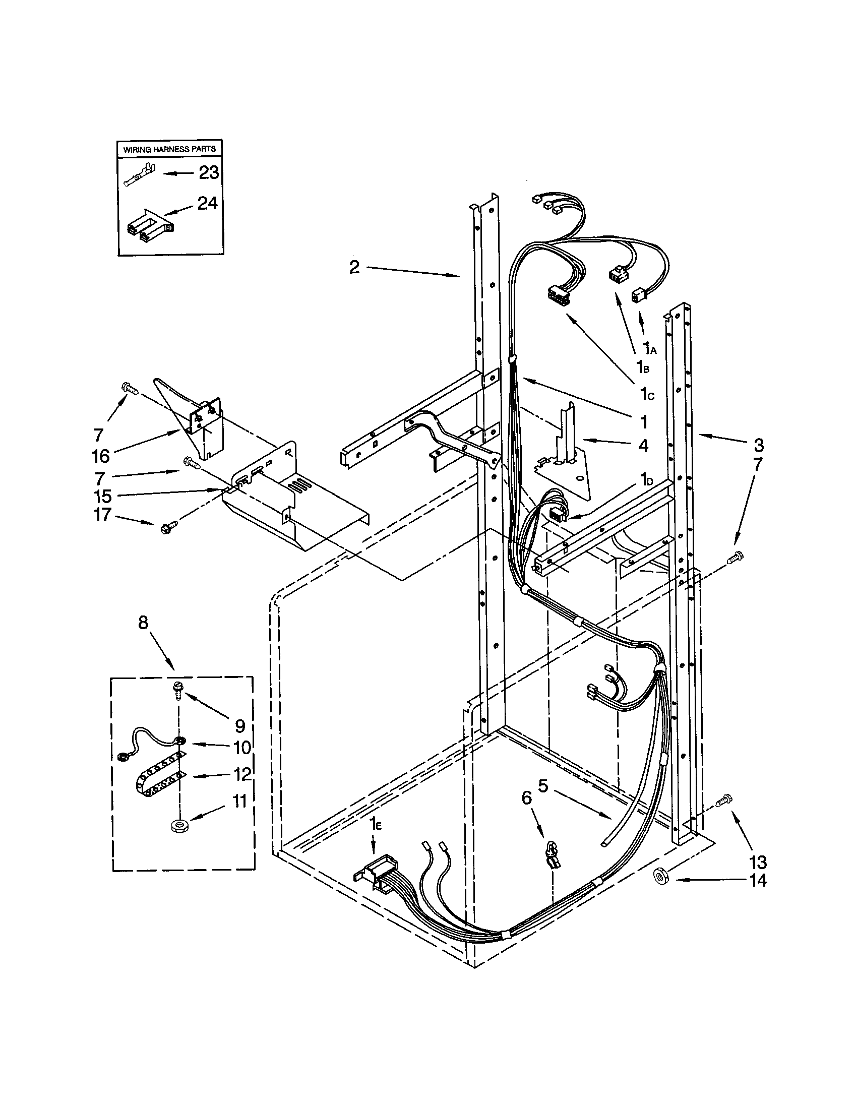 Dryer support and washer harness