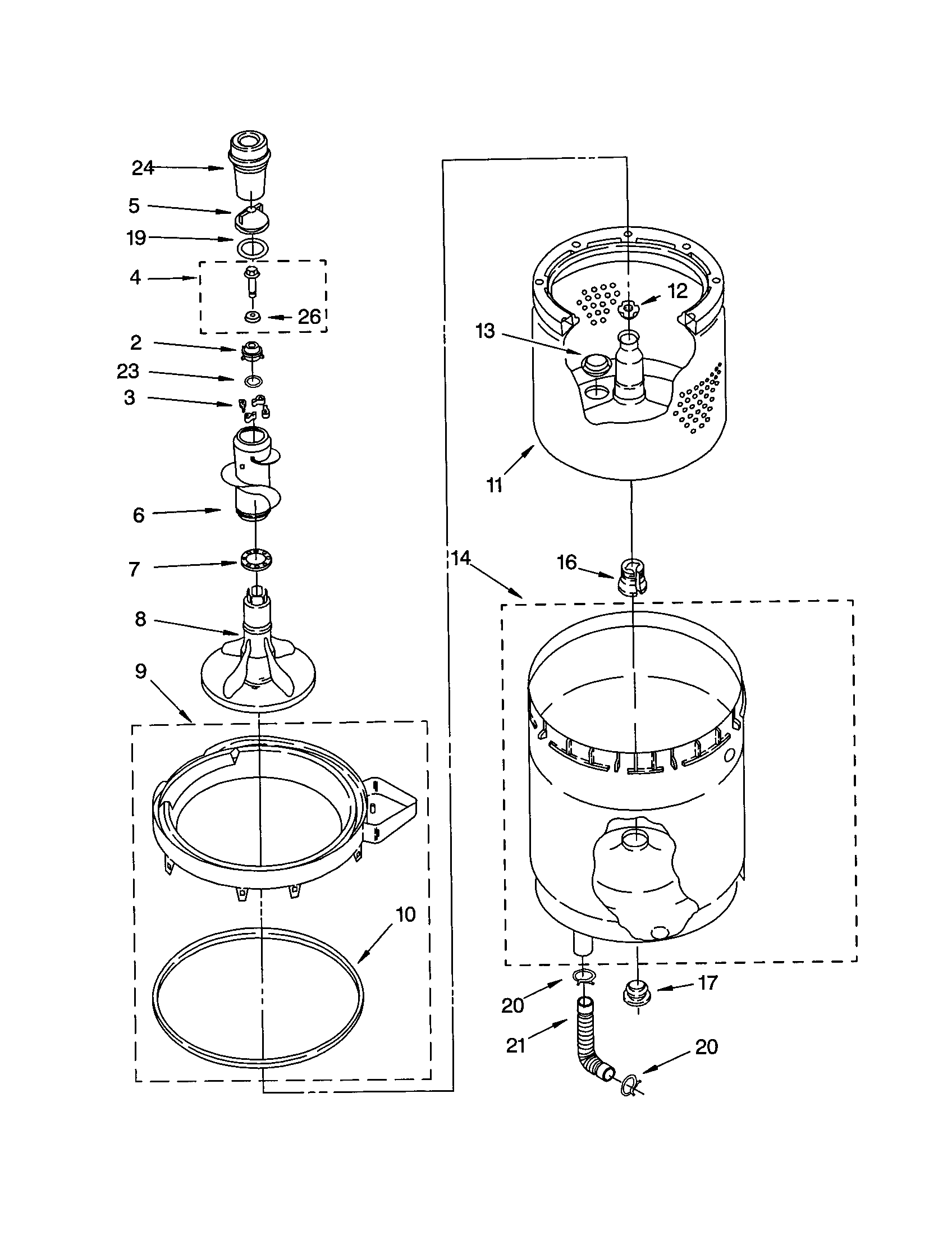 AGITATOR, BASKET AND TUB