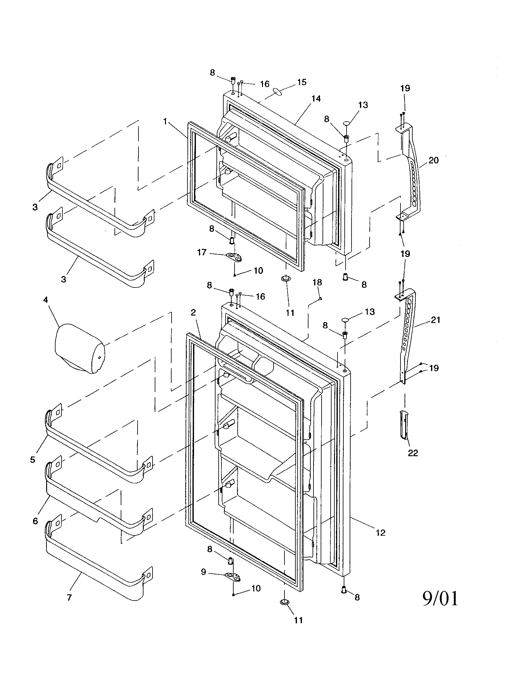 Door, handles and shelf assemblies