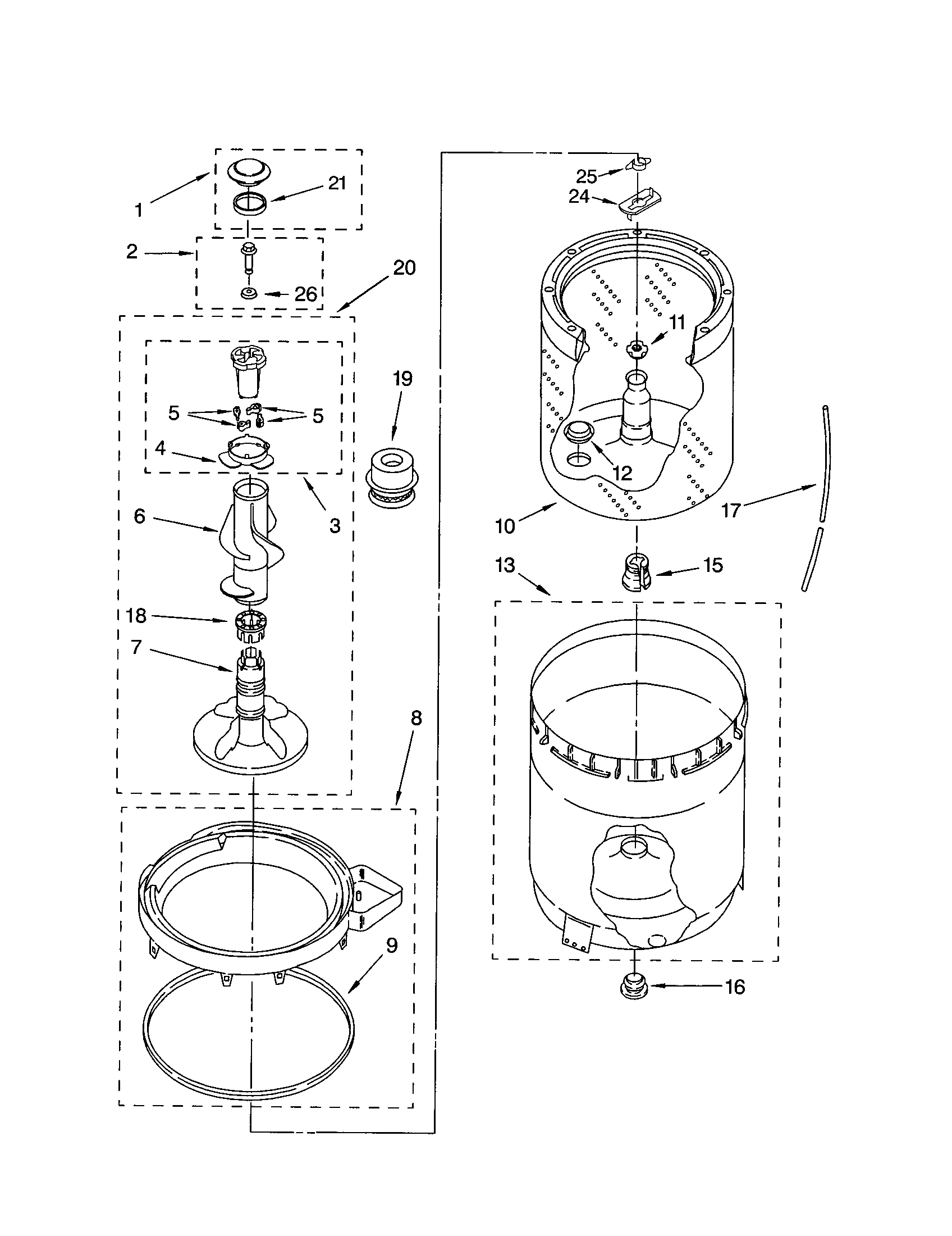 AGITATOR, BACK AND TUB