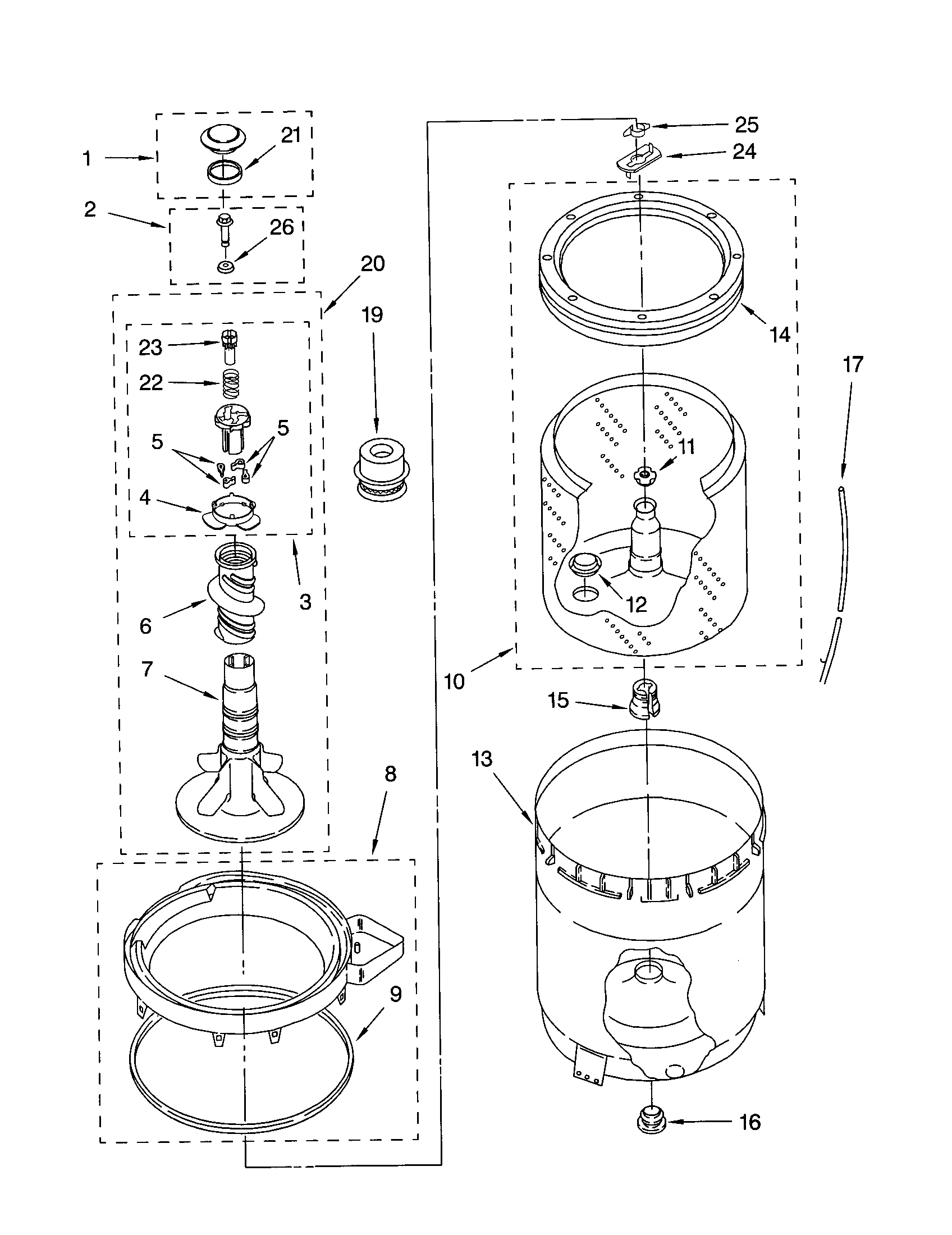 AGITATOR, BASKET AND TUB