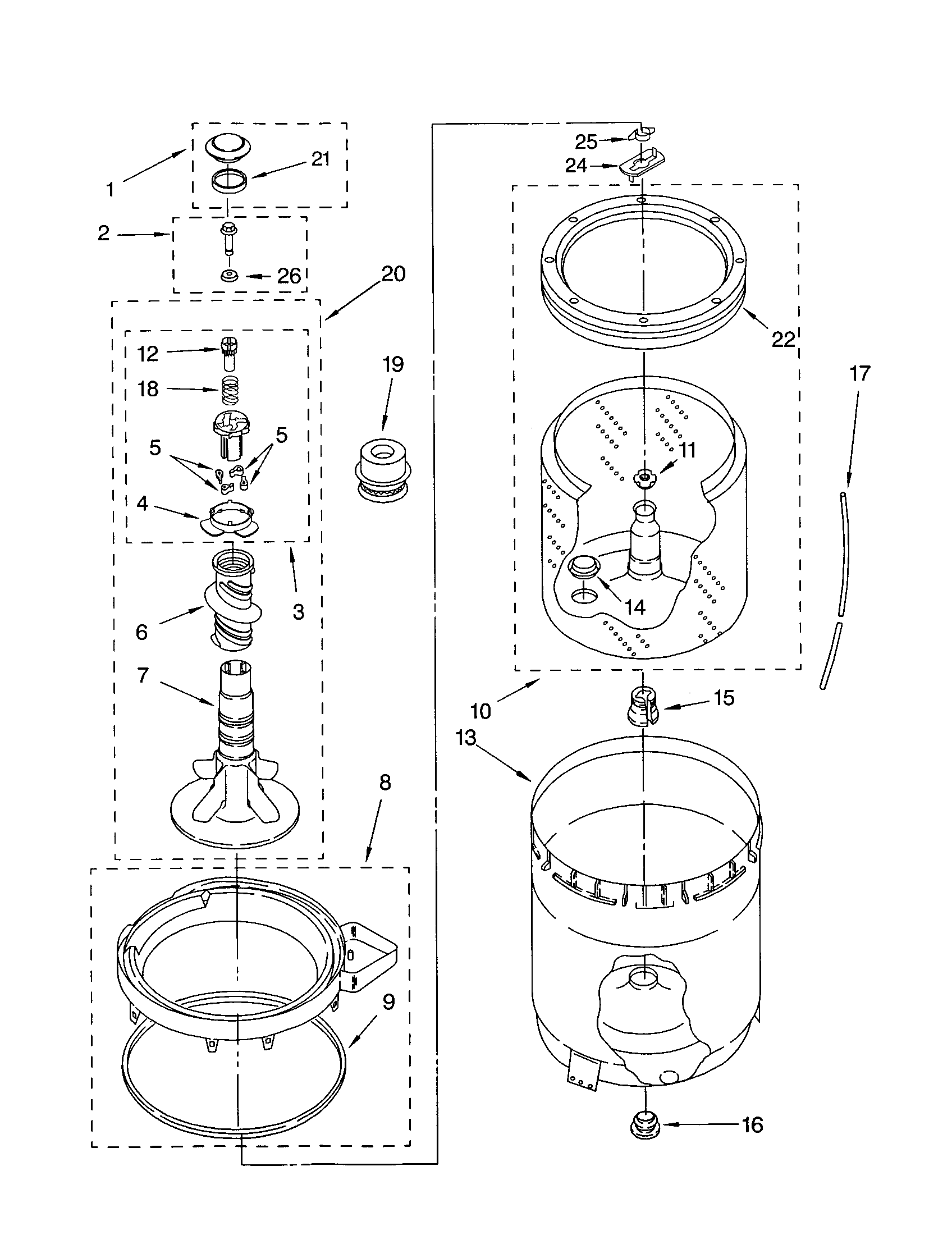 Agitator, basket and tub