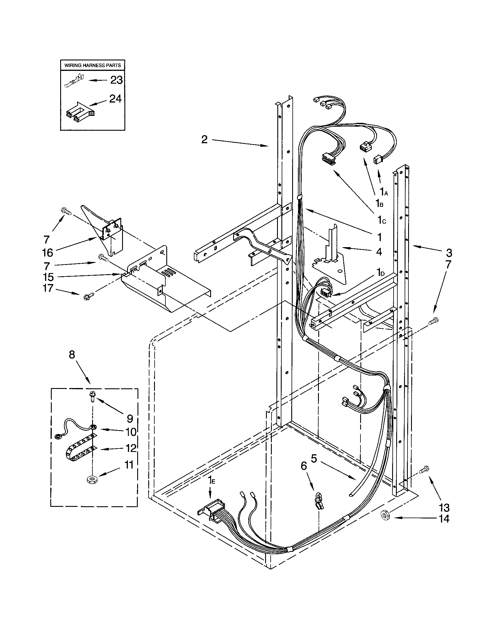 Dryer support and washer harness