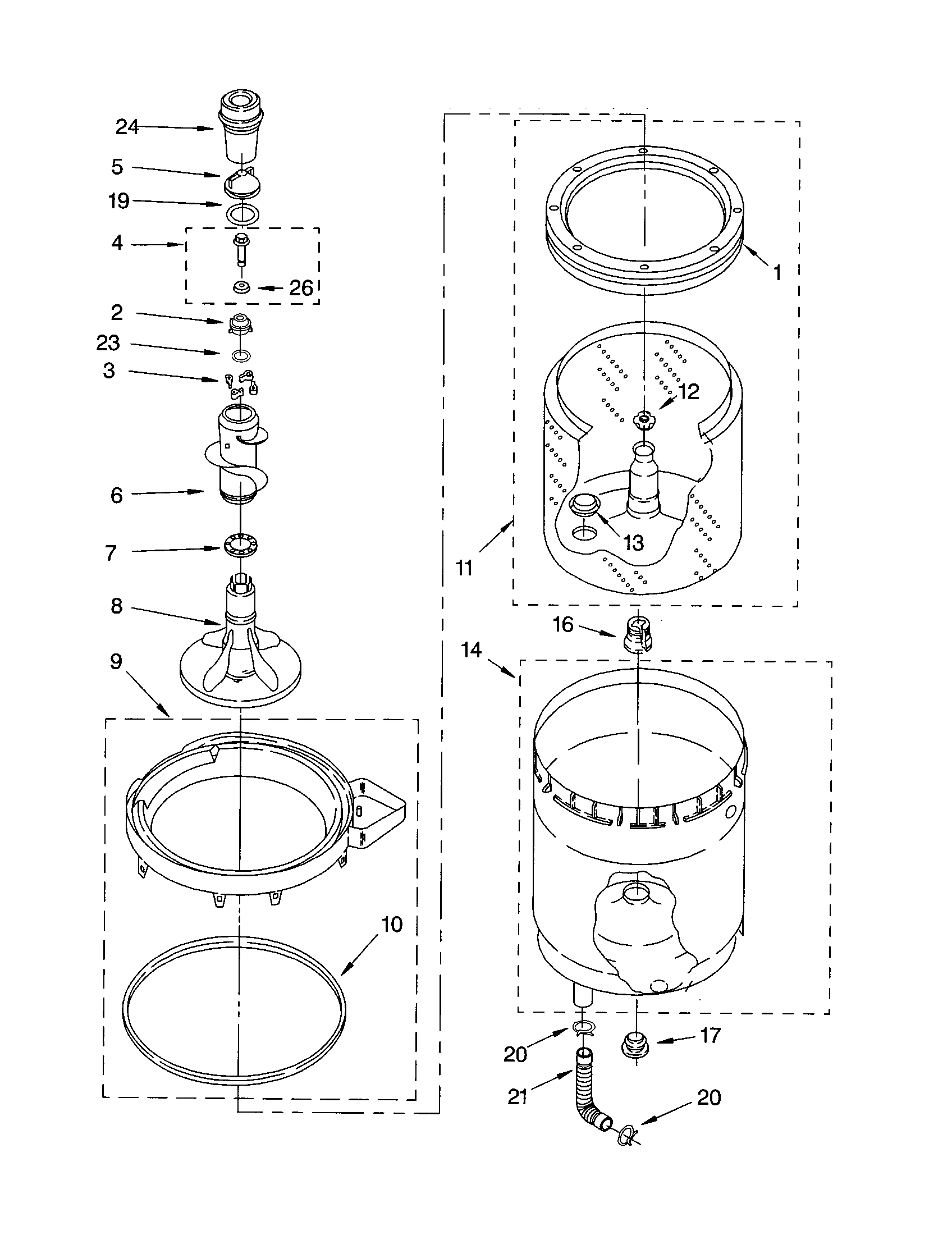 AGITATOR, BASKET AND TUB