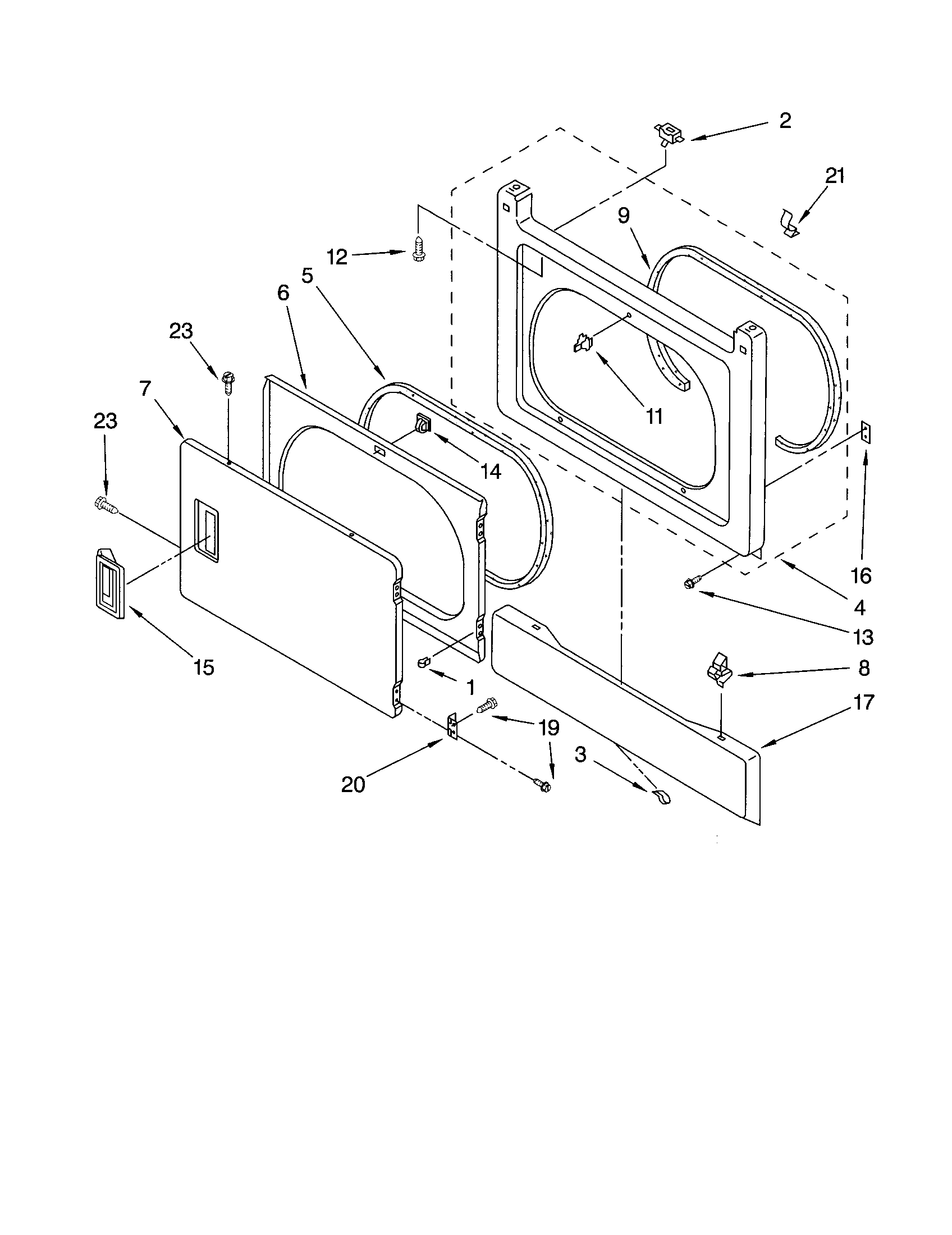 Dryer front panel and door