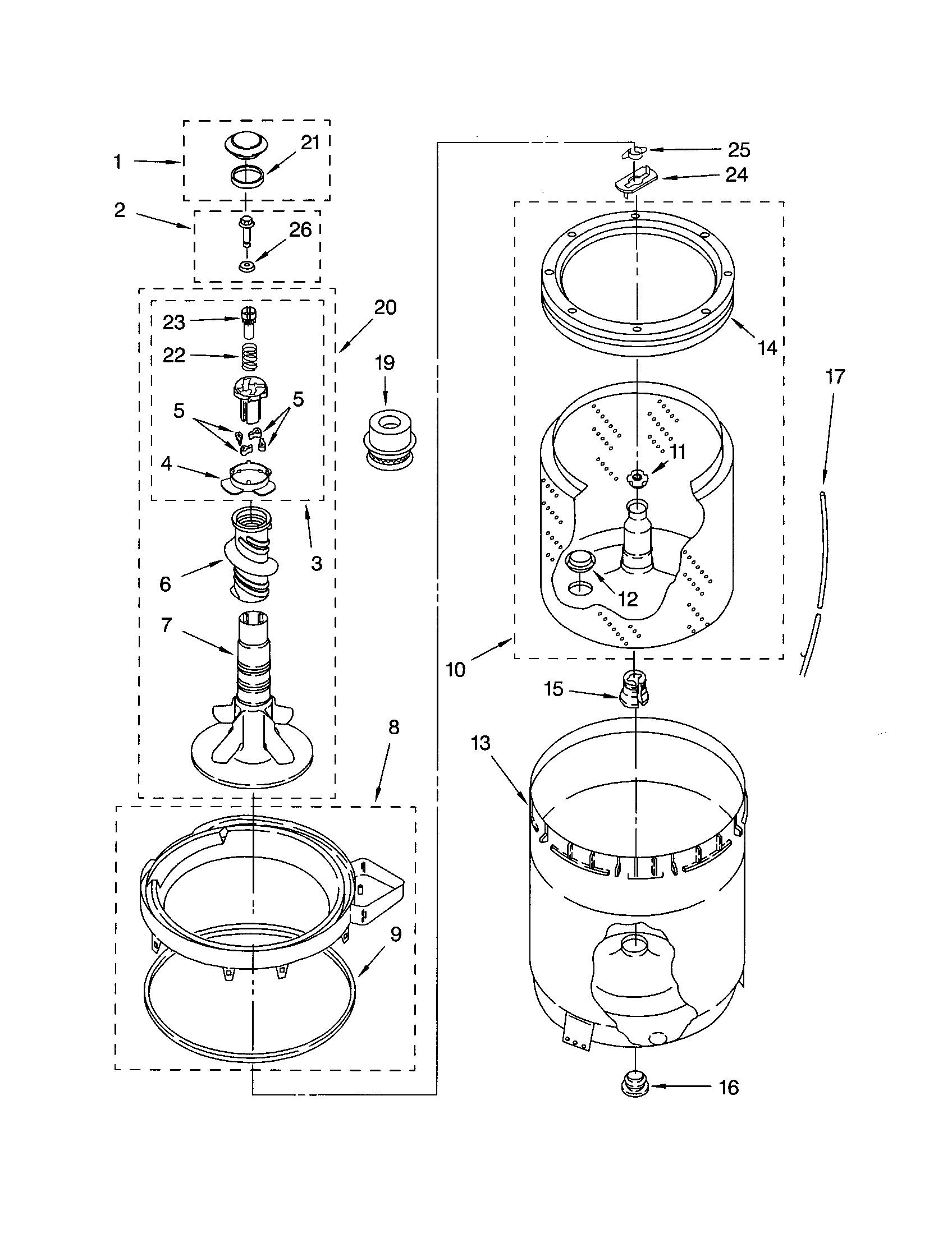 AGITATOR, BASKET AND TUB