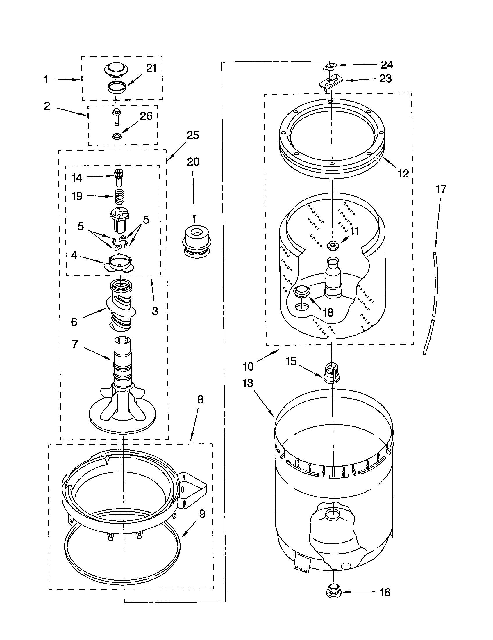 Agitator, basket and tub