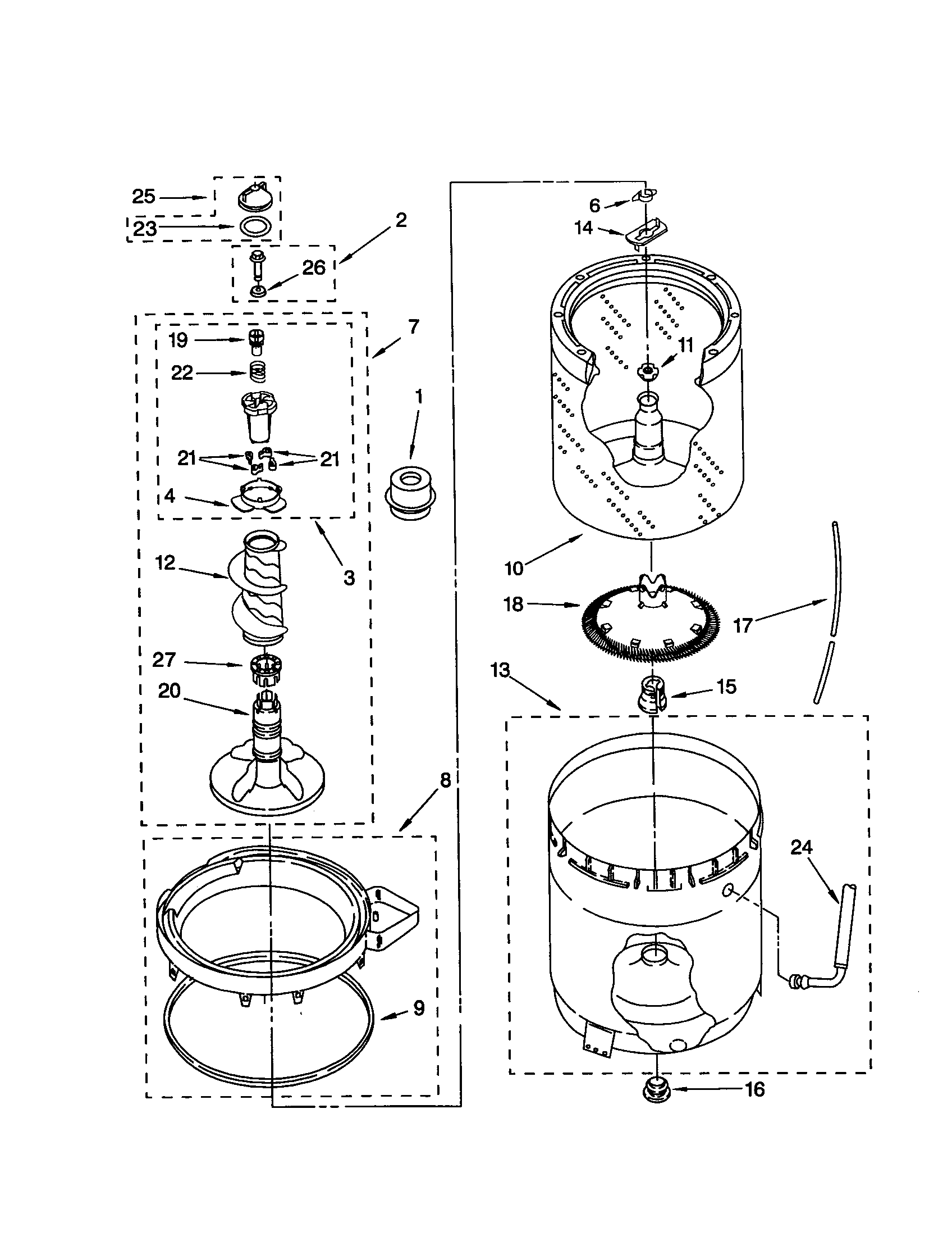 AGITATOR, BASKET AND TUB