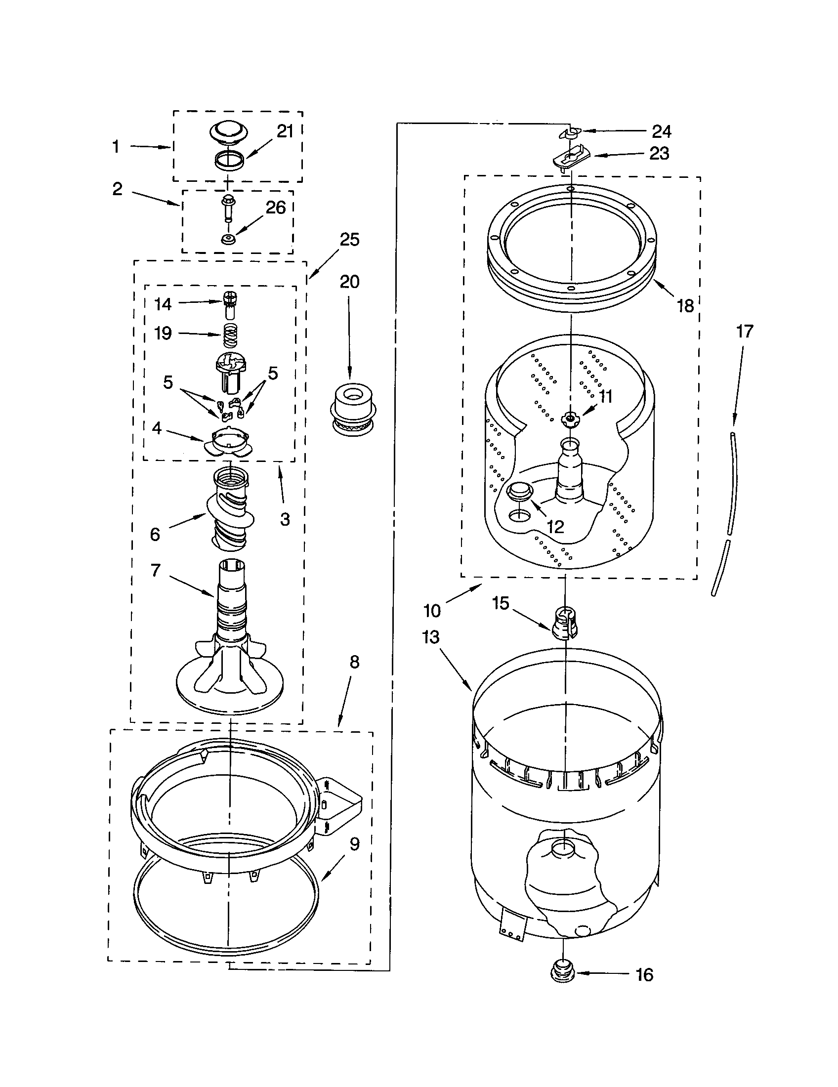 Agitator, basket and tub