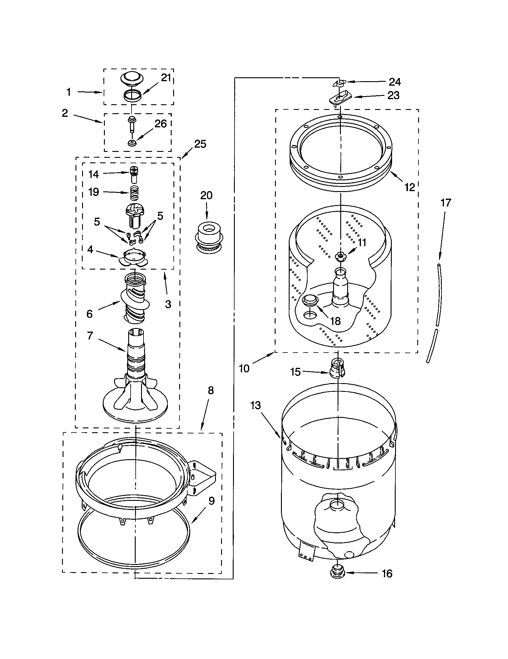 AGITATOR, BASKET AND TUB