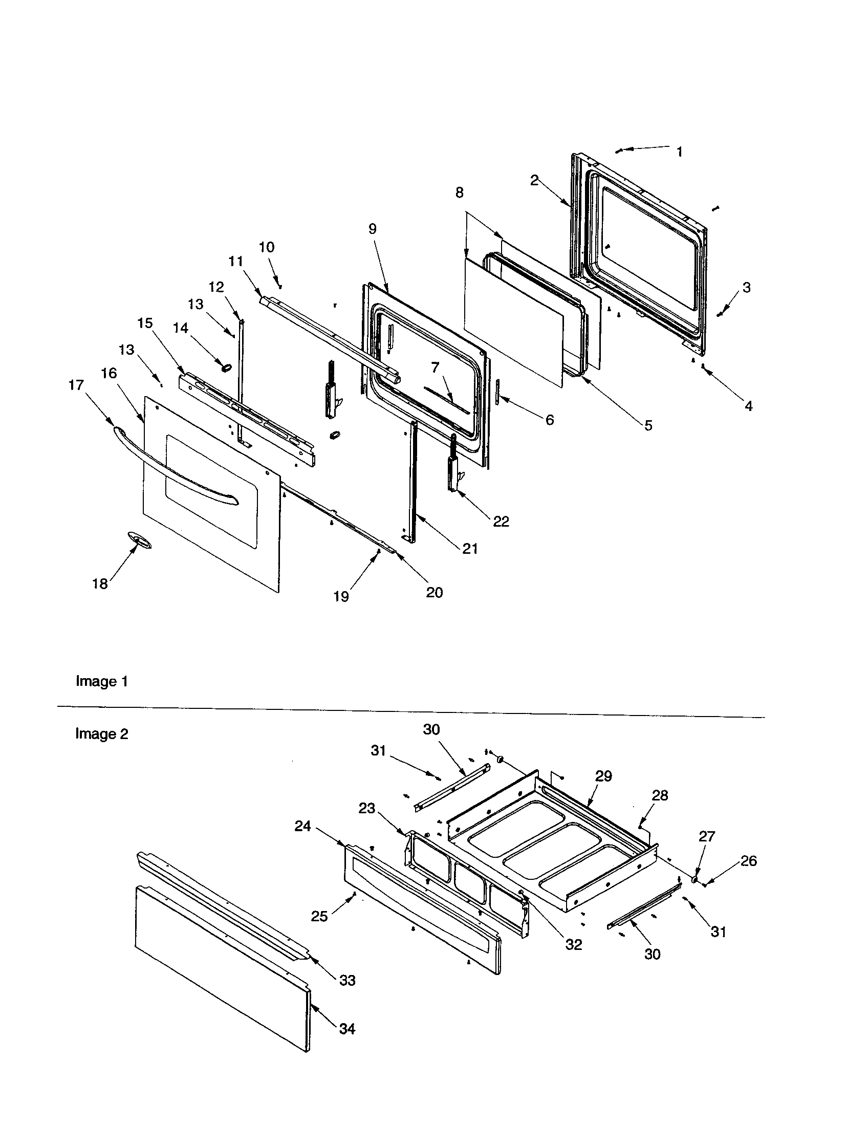 Oven door and storage drawer