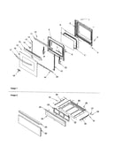 Oven door and storage drawer