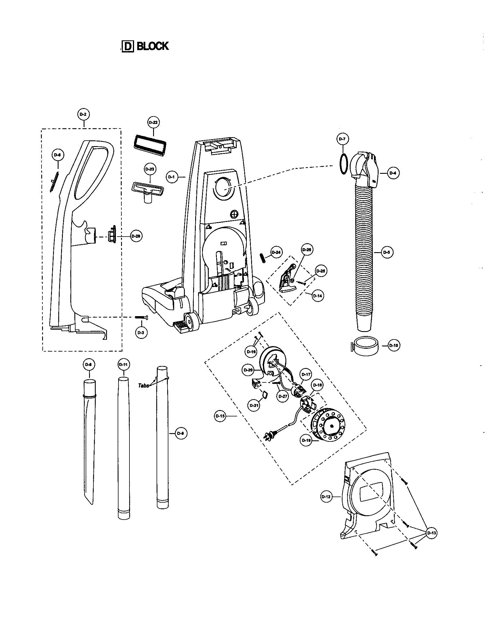 Handle/dust compartment/cord reel