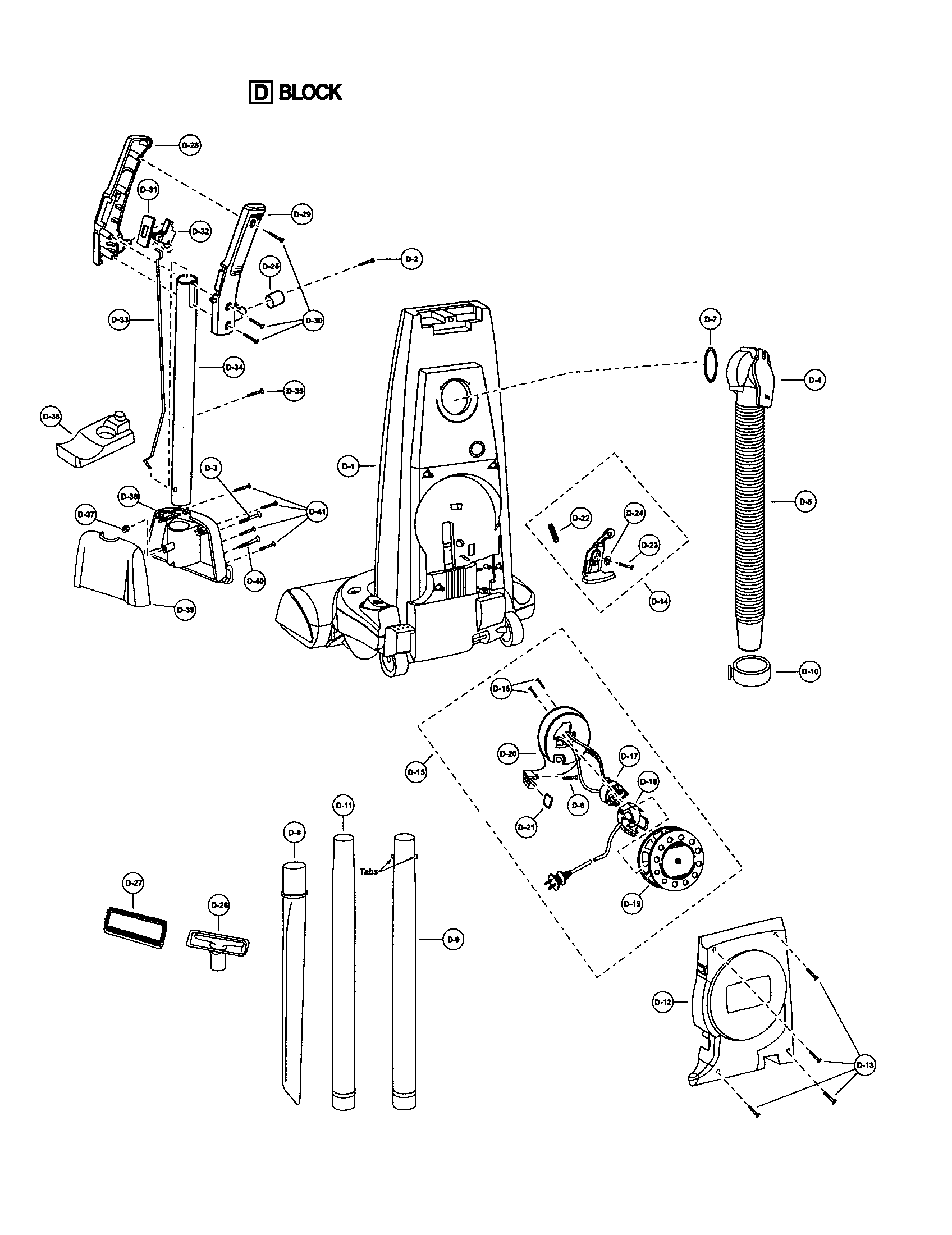 Handle/rear dust compartment/reel