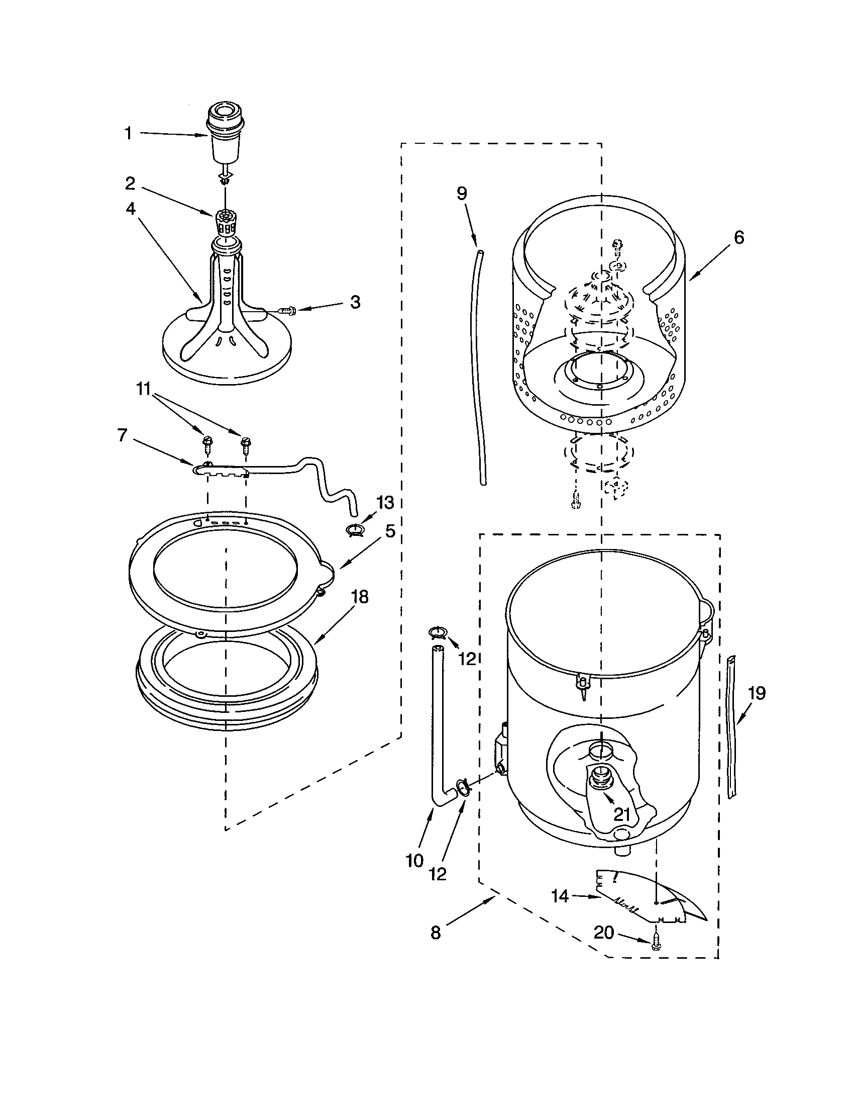 Agitator, basket and tub
