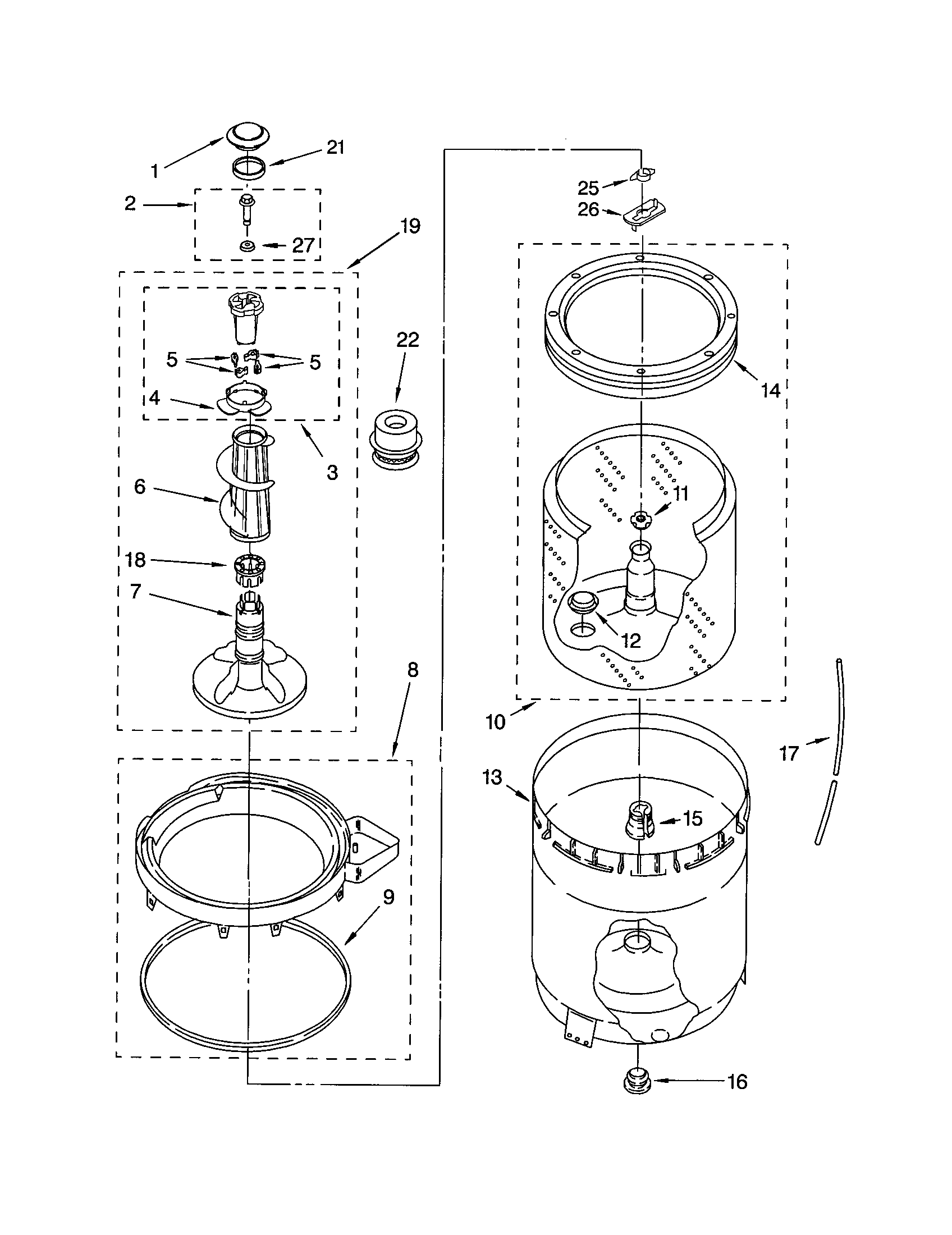 Agitator, basket and tub