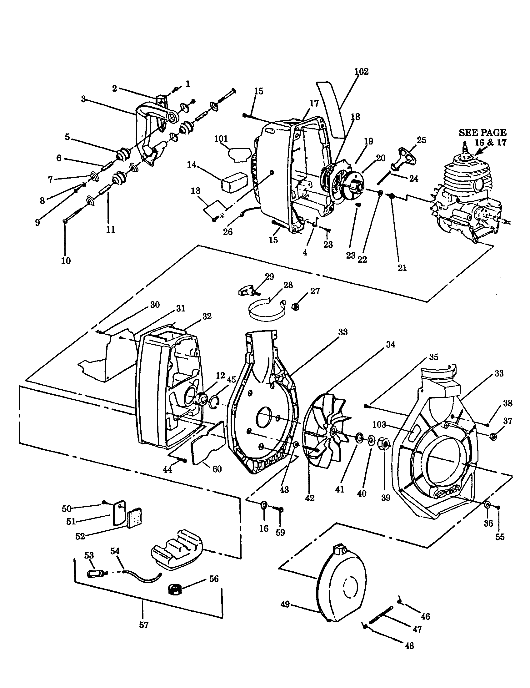 Handle/fan housing/fuel tank