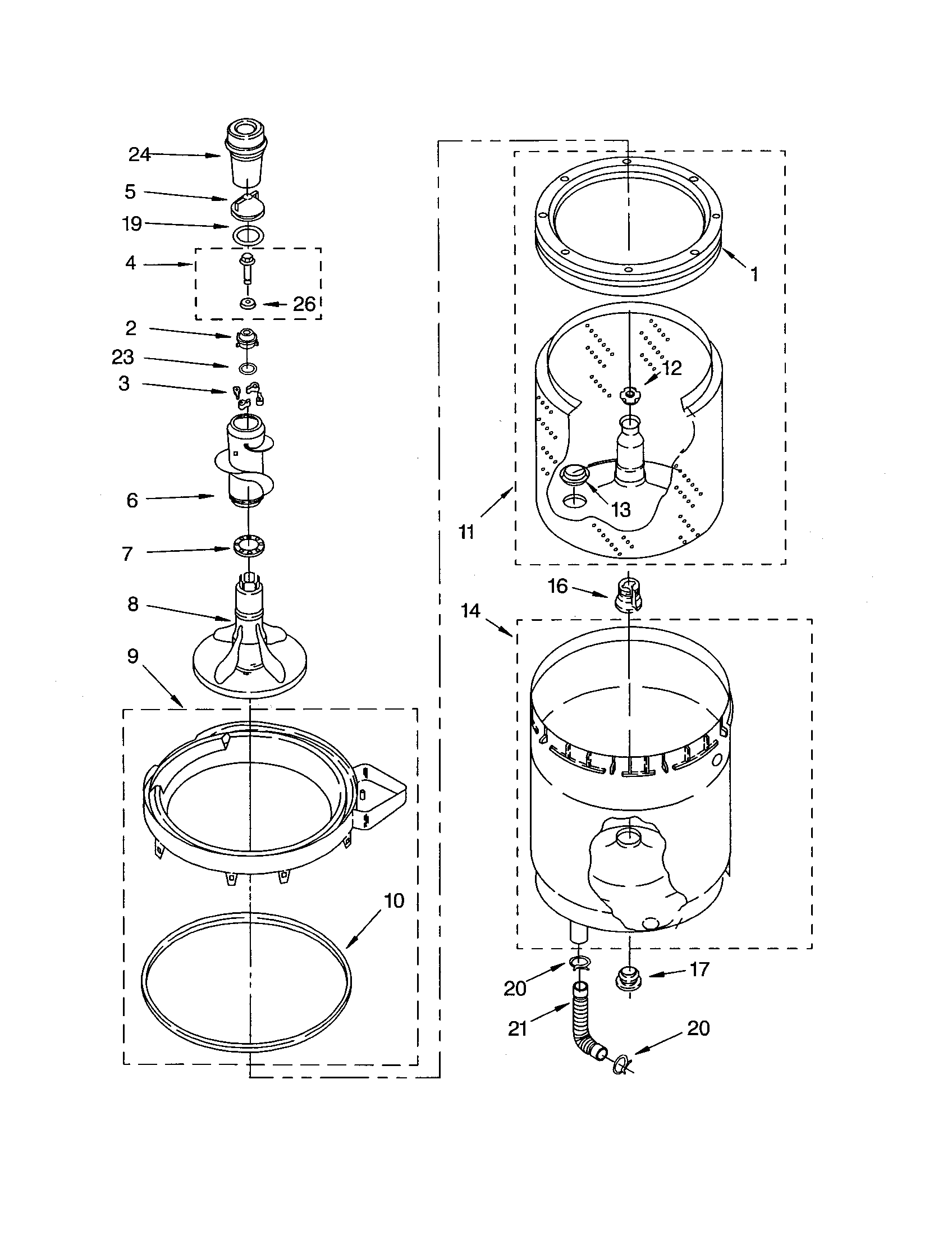 Agitator, basket and tub