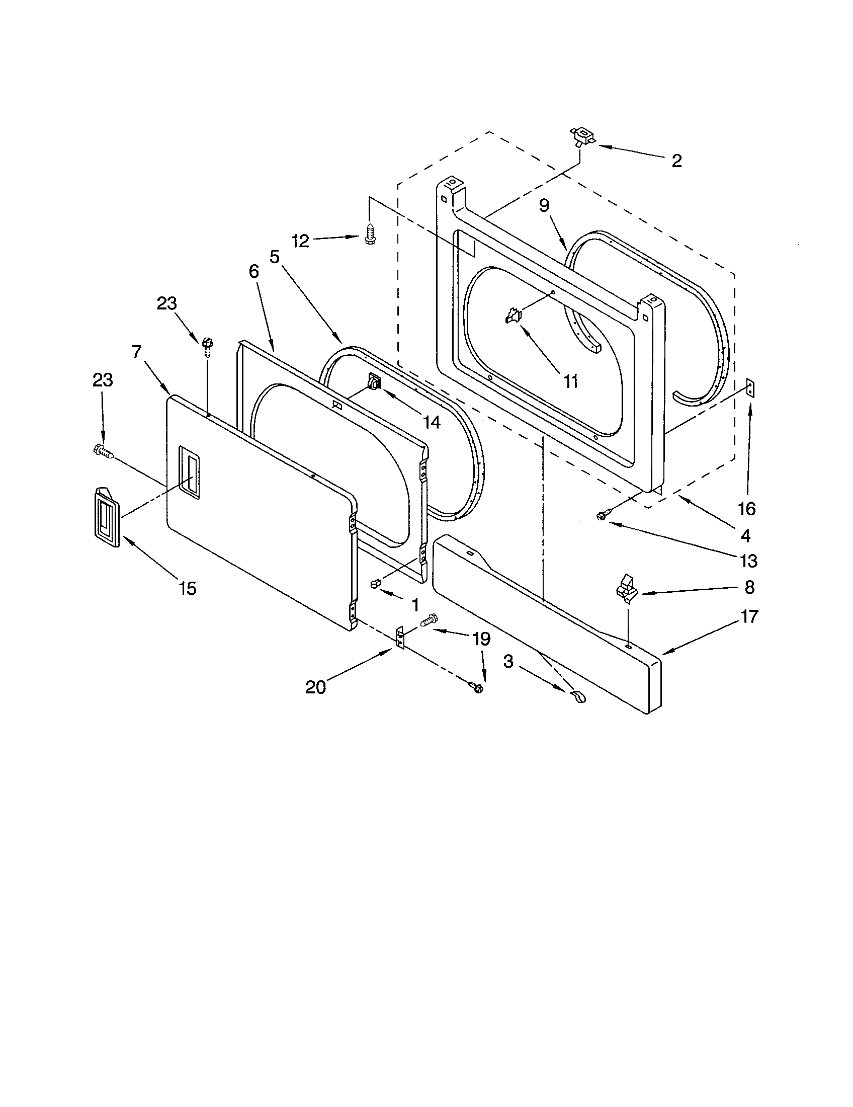 Dryer front panel and door