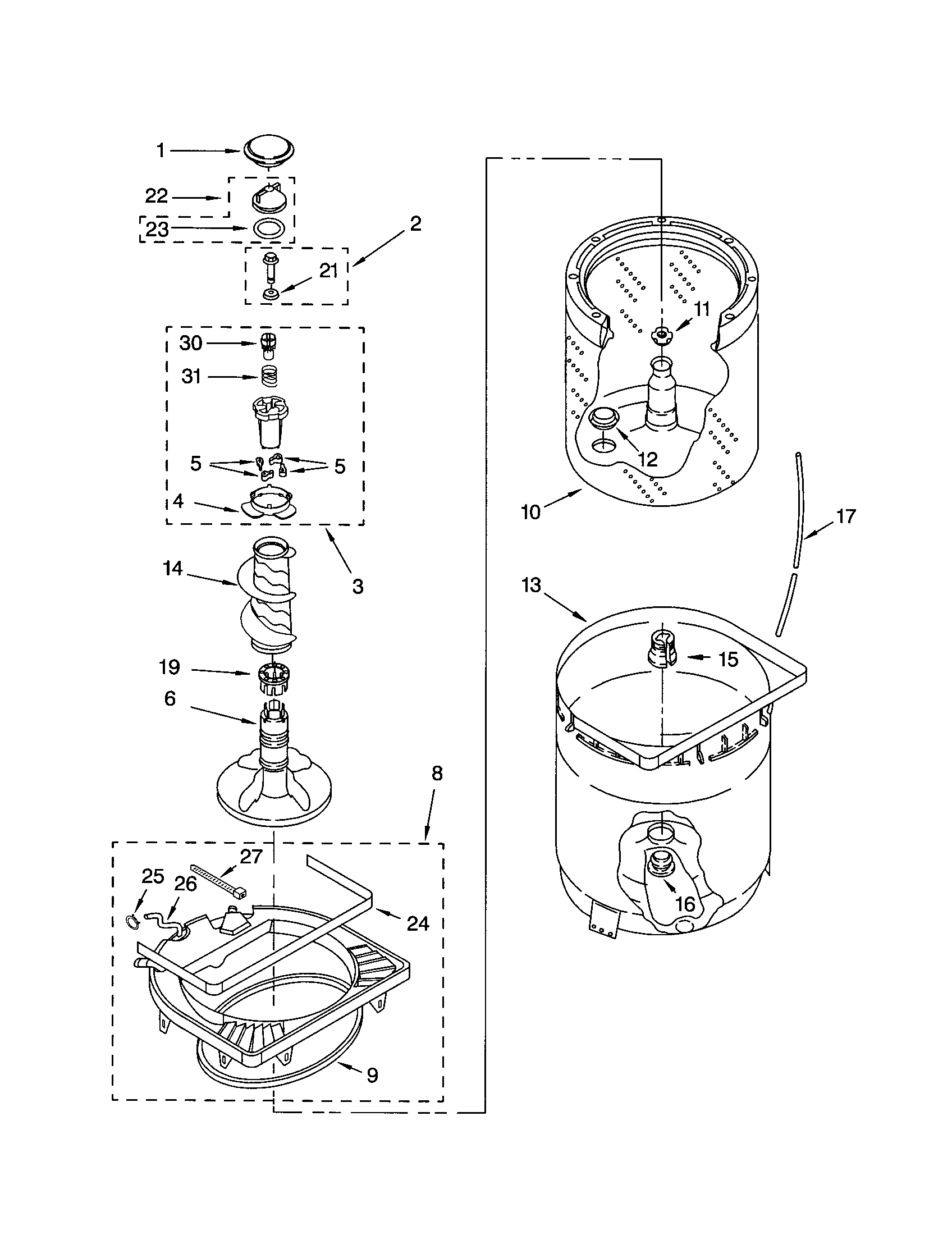 AGITATOR, BASKET AND TUB