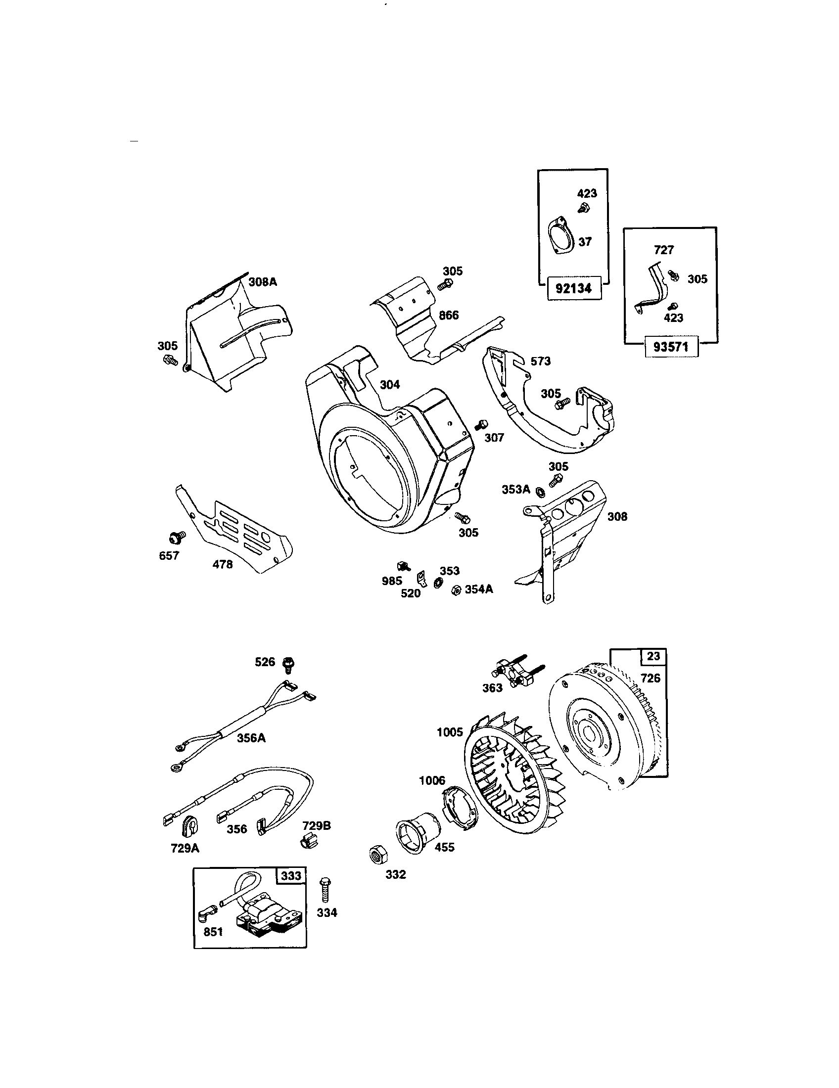 Housing, blower/fan, flywheel