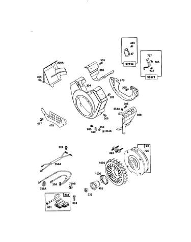 Housing, blower/fan, flywheel