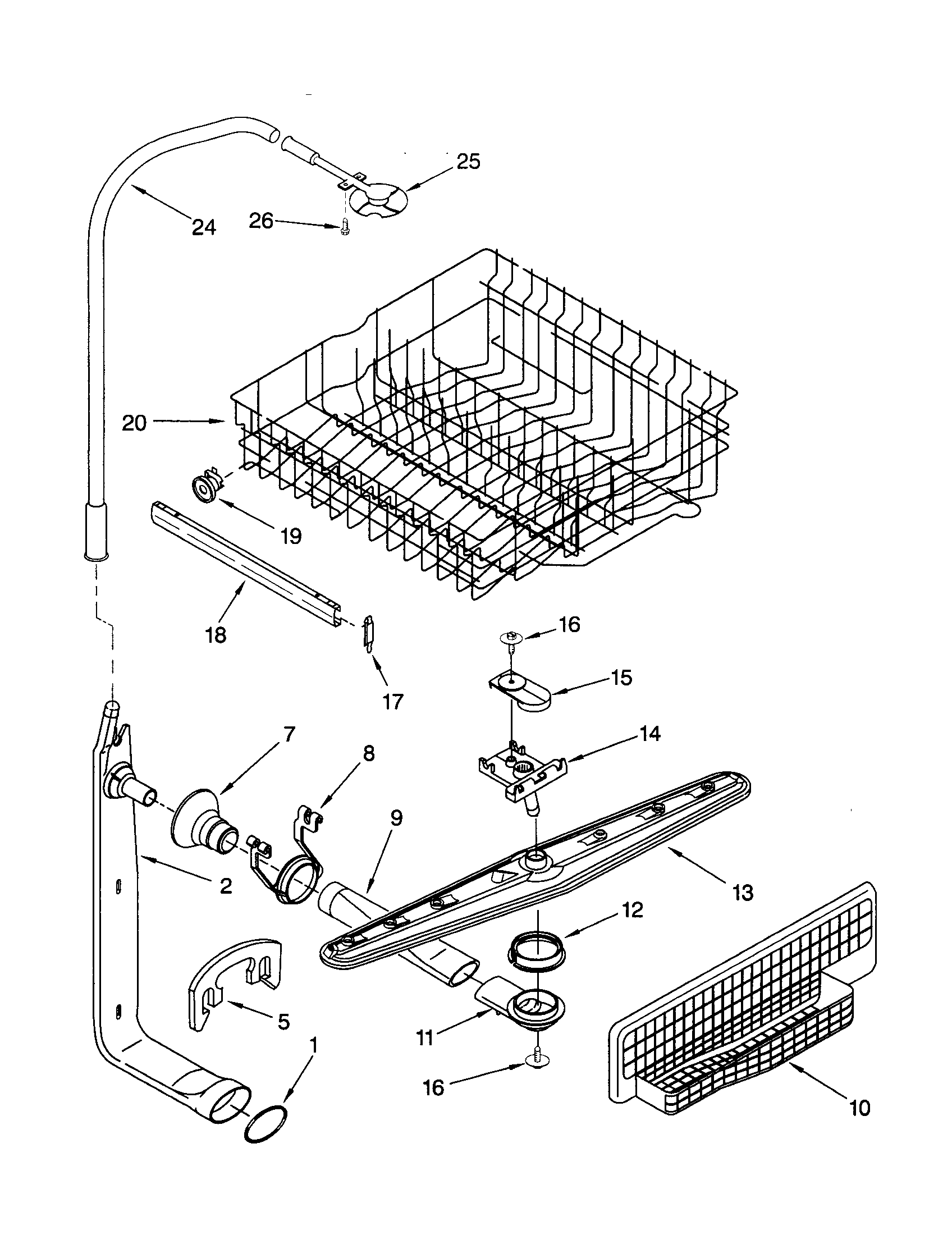 Upper dishrack and water feed