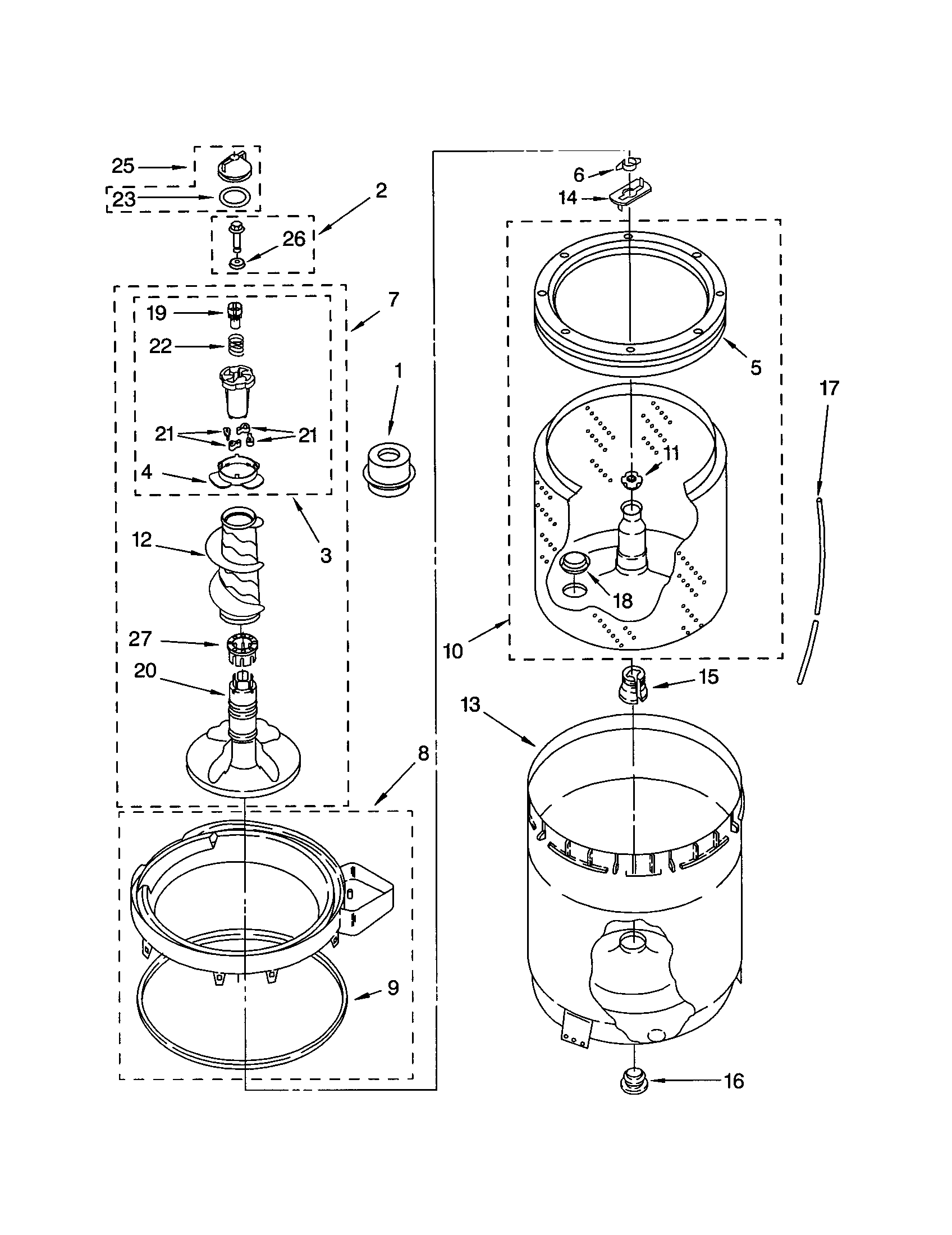 Agitator, basket and tub